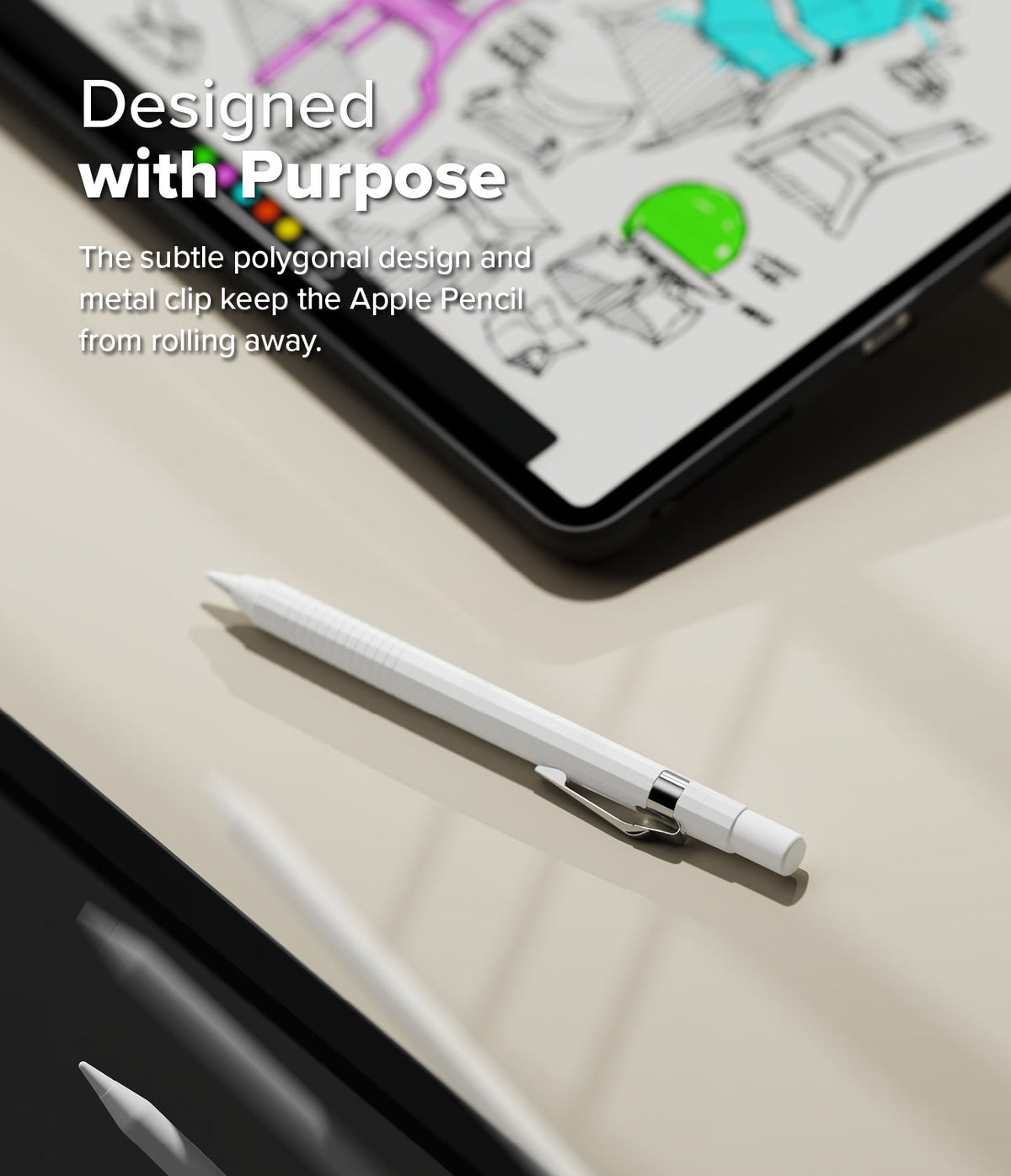 Apple Pencil Pro / 2nd Generation Case | Silicone Drafting Pencil Case - Apple Pencil Pro / 2nd Generation Case - White silicone drafting-style case with a metal clip on a desk near a tablet.