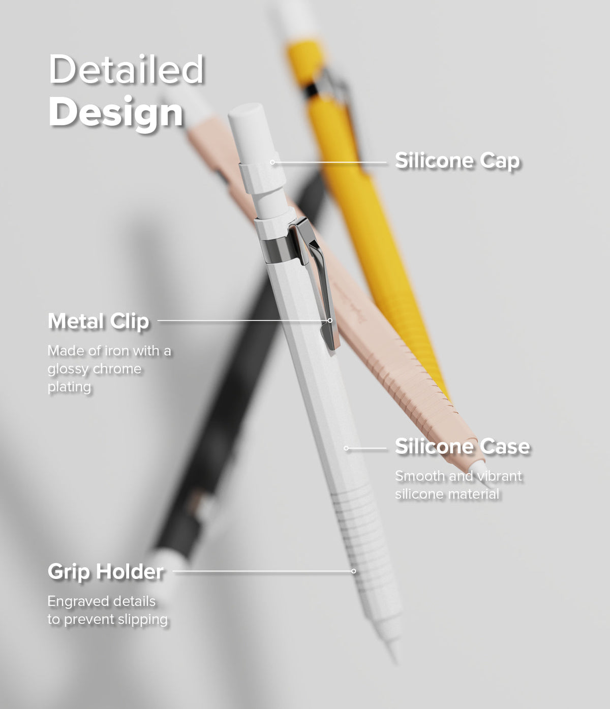 Apple Pencil Pro / 2nd Generation Case | Silicone Drafting Pencil Case - Apple Pencil Pro / 2nd Generation Case - Diagram of a silicone drafting pencil case with labels for clip, cap, and grip.