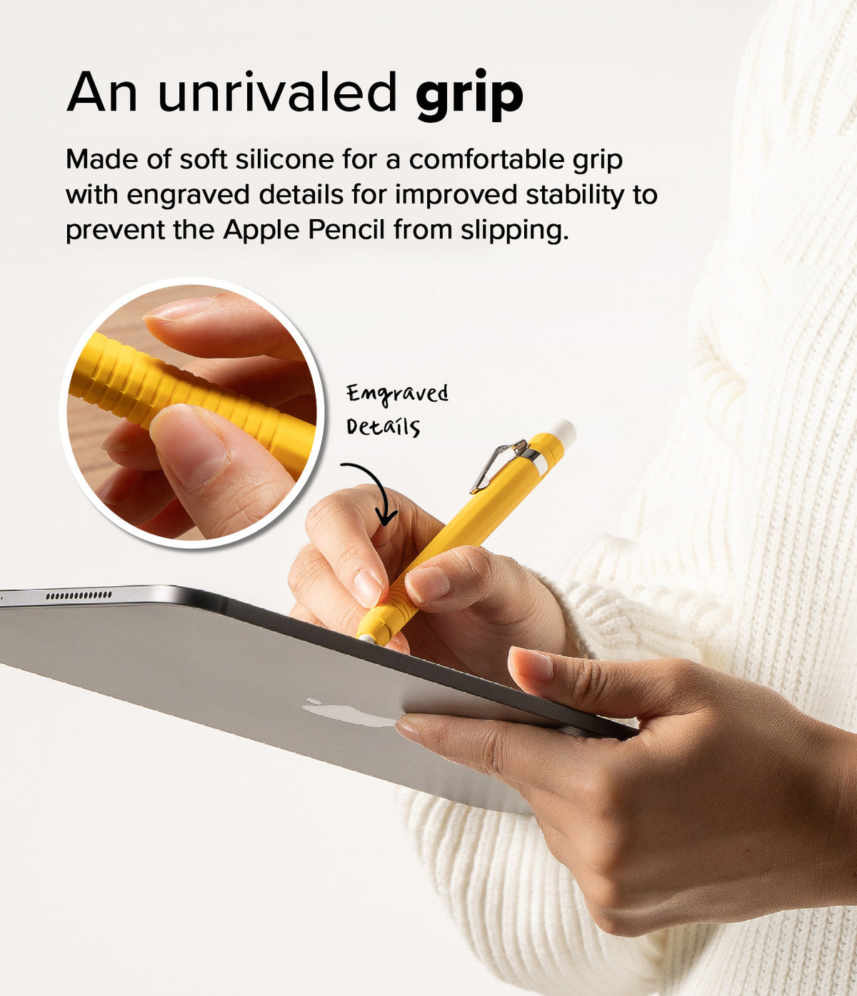 Apple Pencil Pro / 2nd Generation Case | Silicone Drafting Pencil Case - Apple Pencil Pro / 2nd Generation Case - Yellow silicone drafting case on an Apple Pencil with engraved grip details.