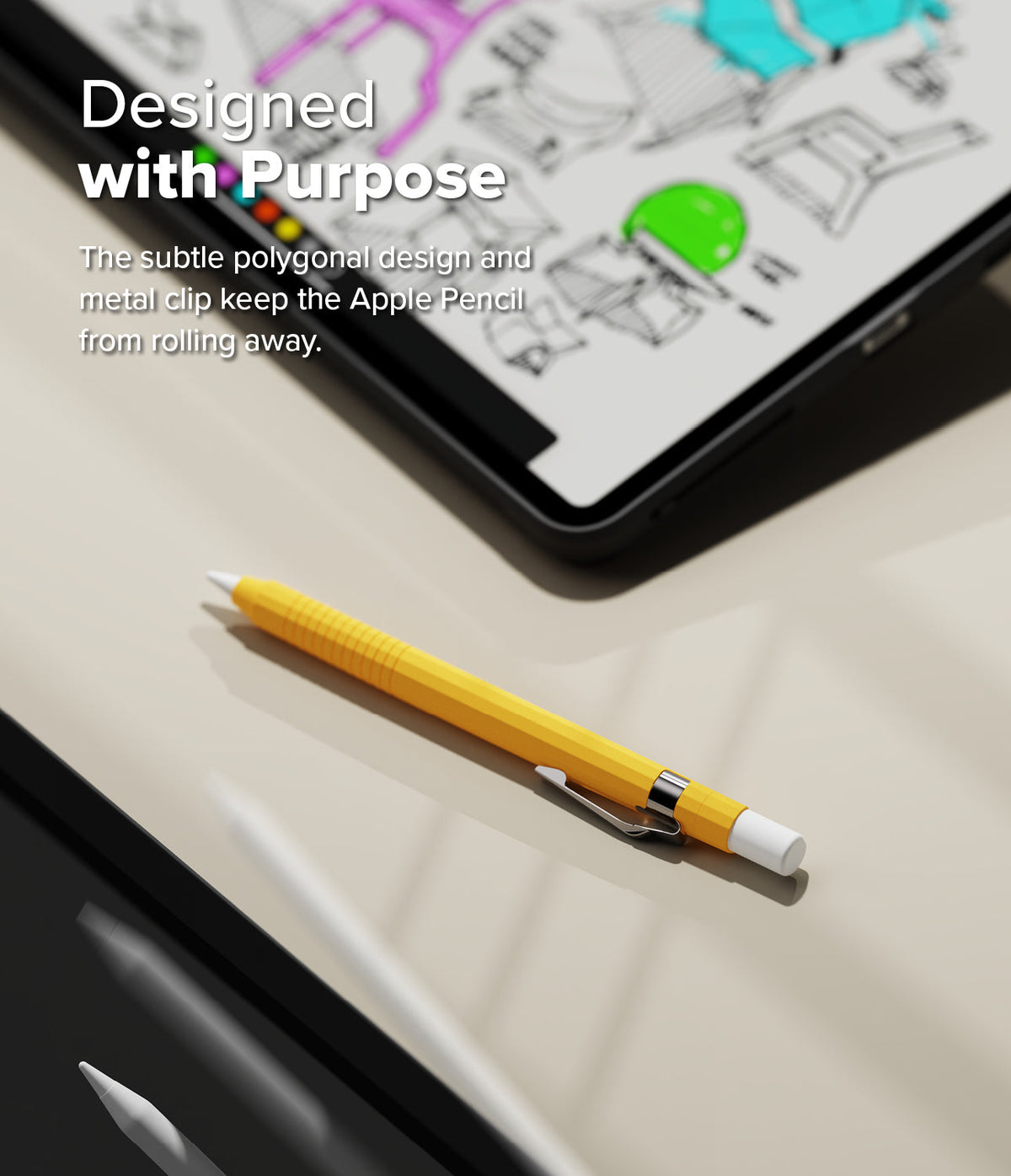 Apple Pencil Pro / 2nd Generation Case | Silicone Drafting Pencil Case - Apple Pencil Pro / 2nd Generation Case - Yellow silicone drafting-style case with a metal clip resting on a desk.