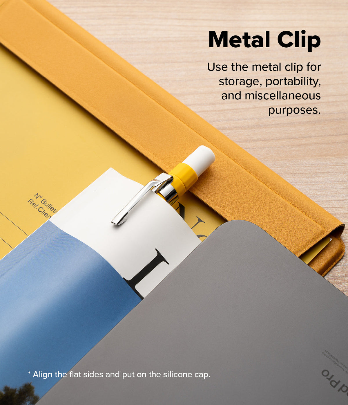 Apple Pencil Pro / 2nd Generation Case | Silicone Drafting Pencil Case - Apple Pencil Pro / 2nd Generation Case - A yellow silicone Apple Pencil case with a metal clip attached to a folder.