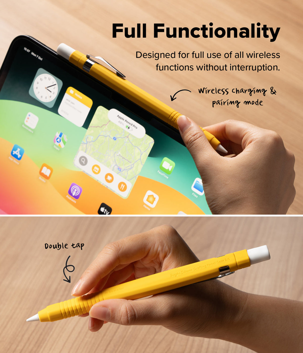 Apple Pencil Pro / 2nd Generation Case | Silicone Drafting Pencil Case - Apple Pencil Pro / 2nd Generation Case - Yellow silicone case on Apple Pencil showing wireless charging and double tap.