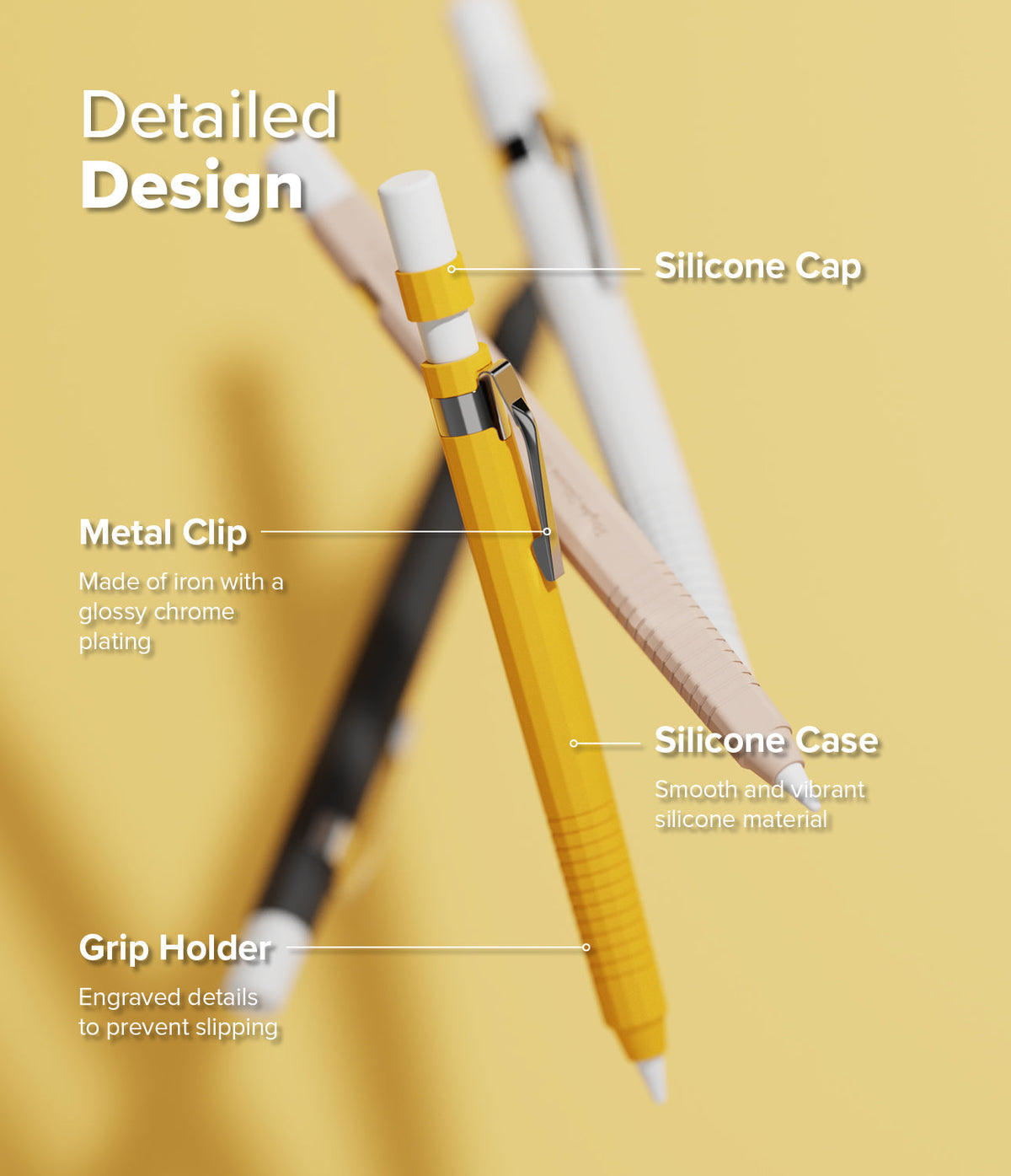 Apple Pencil Pro / 2nd Generation Case | Silicone Drafting Pencil Case - Apple Pencil Pro / 2nd Generation Case - Diagram showing silicone drafting pencil case features: cap, clip, and grip.
