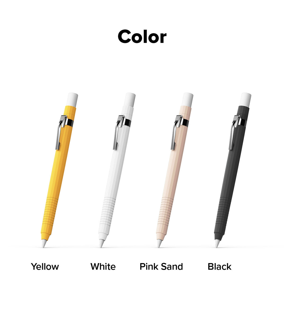 Apple Pencil Pro / 2nd Generation Case | Silicone Drafting Pencil Case - Apple Pencil Pro / 2nd Generation Case - Four drafting-style silicone cases in yellow, white, pink sand, and black.