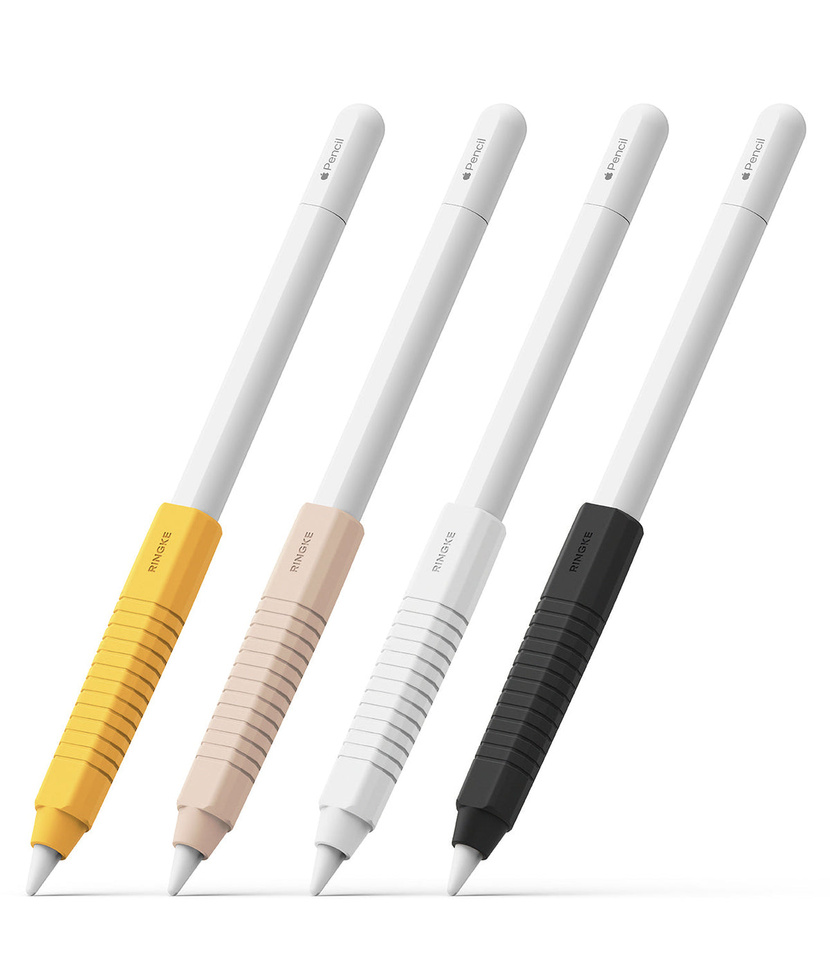 Apple Pencil Case | Silicone Drafting Grip Holder - Four Apple Pencils with yellow, beige, white, and black ribbed grips.