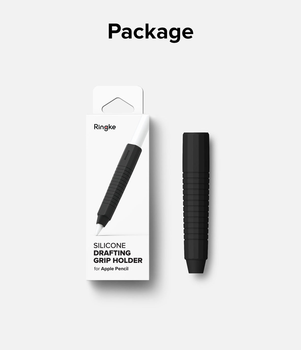 Apple Pencil Case | Silicone Drafting Grip Holder - Black silicone drafting grip for Apple Pencil in retail packaging.