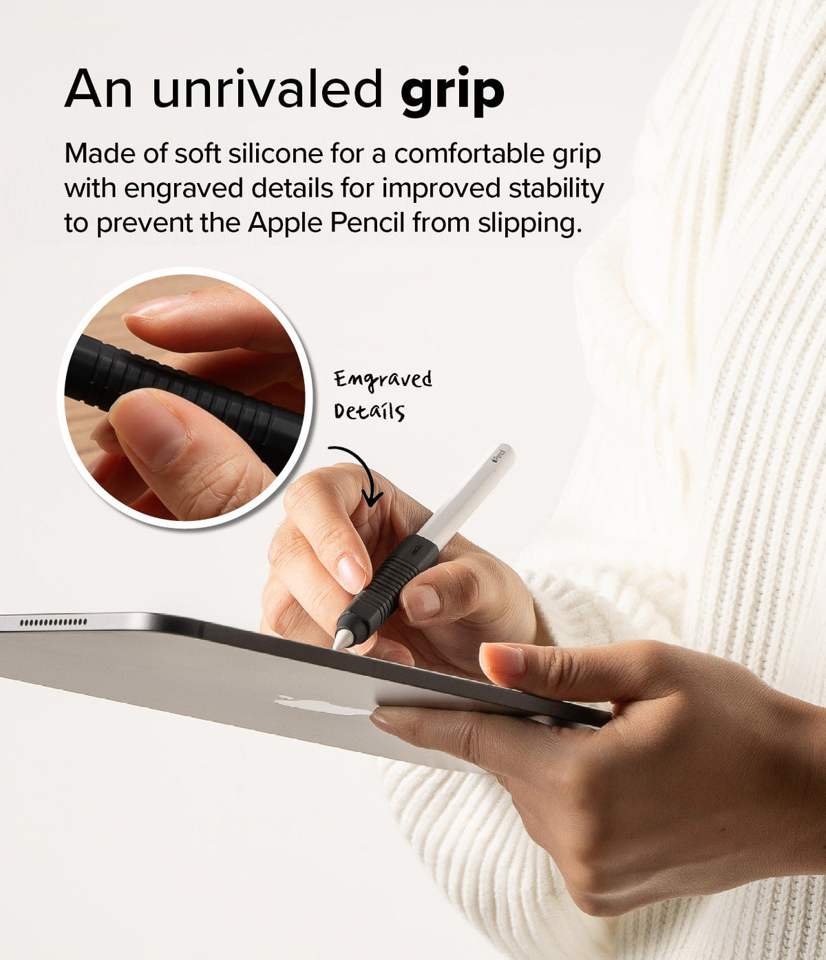 Apple Pencil Case | Silicone Drafting Grip Holder - Apple Pencil Case - Hand holding an Apple Pencil with a black silicone grip, featuring a zoomed-in view of engraved details.