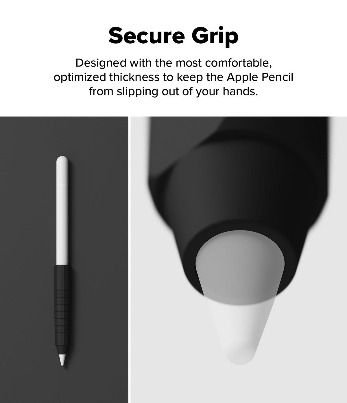 Apple Pencil Case | Silicone Drafting Grip Holder - Apple Pencil Case - White Apple Pencil with a black silicone grip sleeve shown in full and close-up detail.