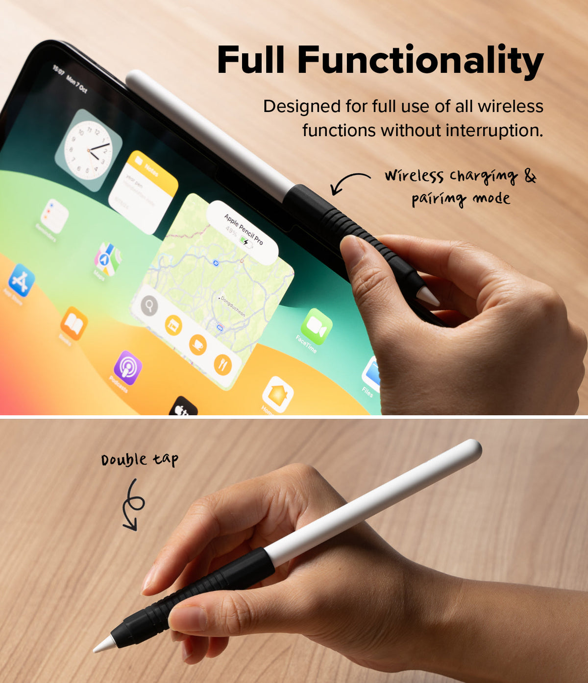 Apple Pencil Case | Silicone Drafting Grip Holder - Apple Pencil Case - Silicone grip on Apple Pencil showing wireless charging and double-tap functionality on an iPad.