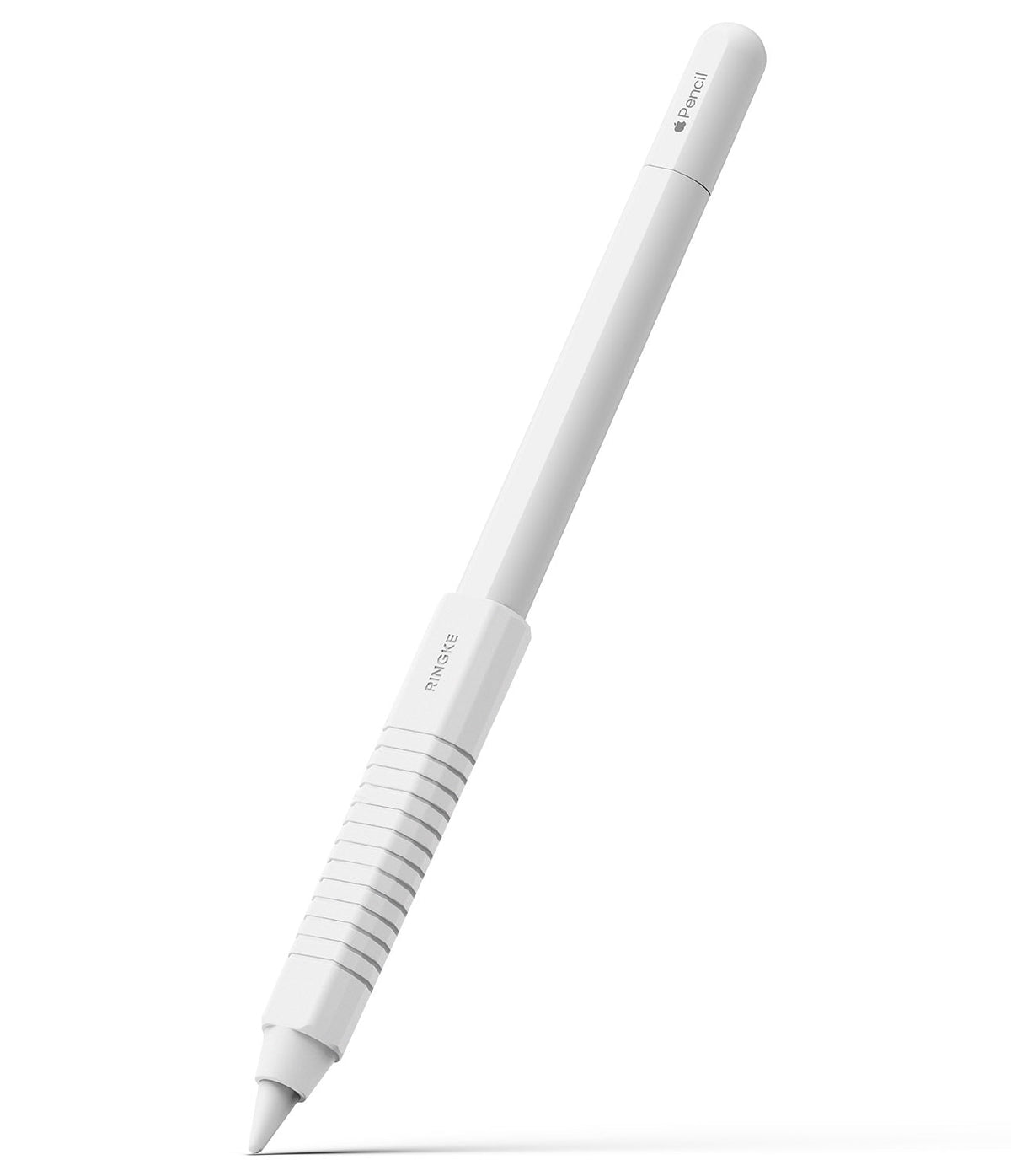 Apple Pencil Case | Silicone Drafting Grip Holder - White Apple Pencil with a ribbed Ringke silicone grip sleeve.