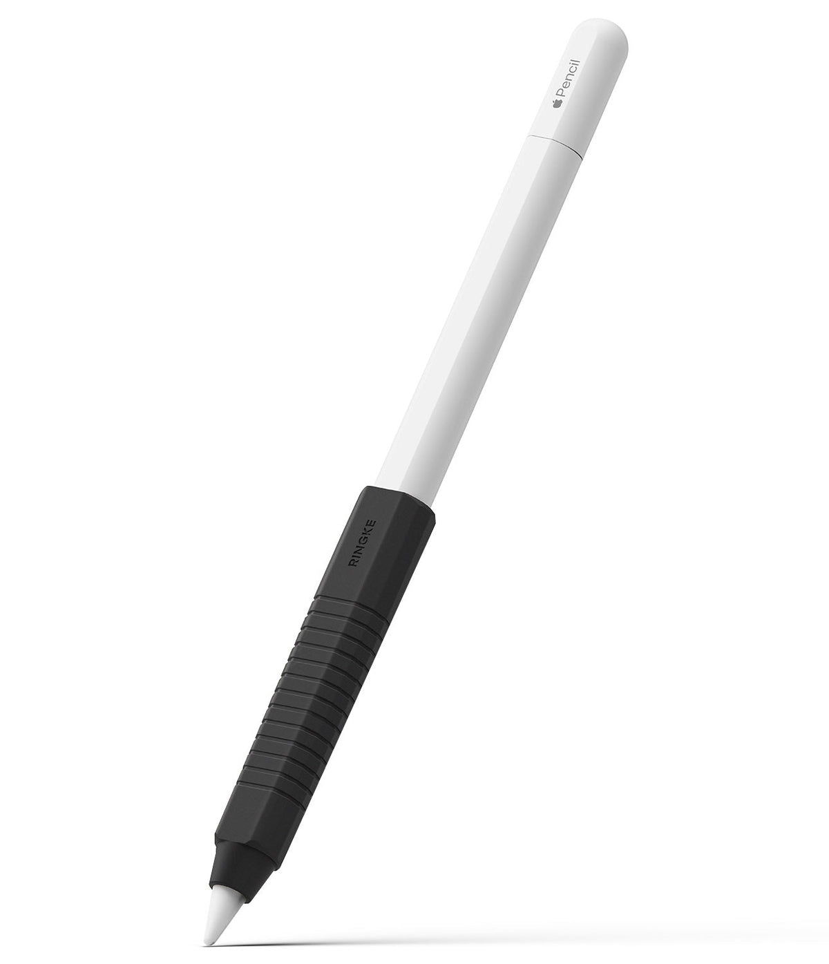 Apple Pencil Case | Silicone Drafting Grip Holder - White Apple Pencil with a black ribbed silicone grip sleeve.