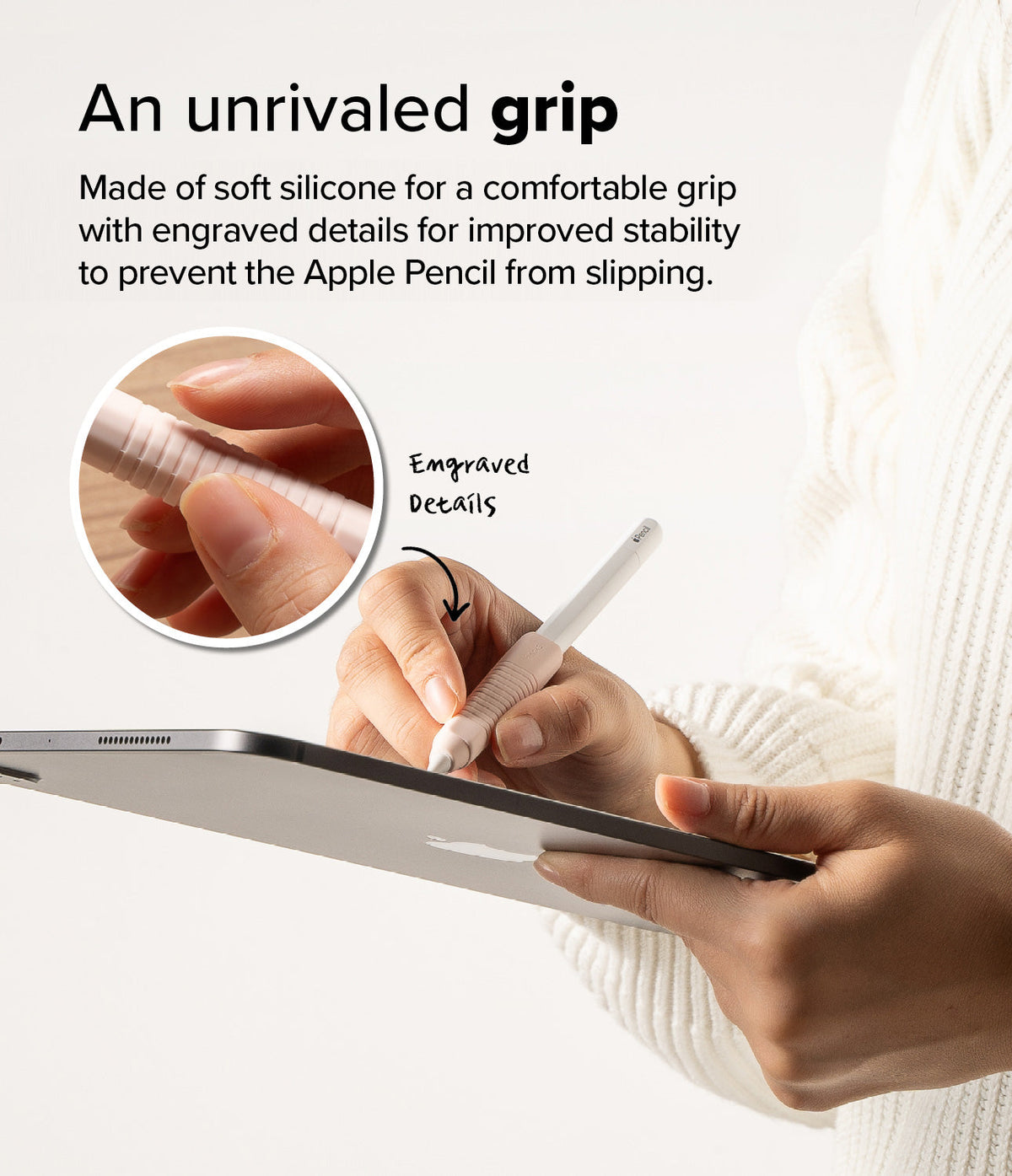 Apple Pencil Case | Silicone Drafting Grip Holder - Apple Pencil Case - Person using an Apple Pencil with a textured silicone grip, featuring a close-up of the engraved details.