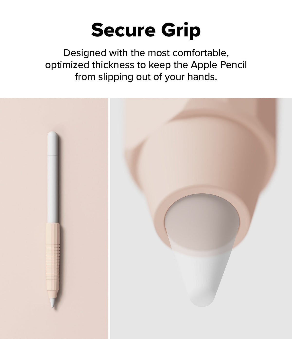Apple Pencil Case | Silicone Drafting Grip Holder - A beige silicone grip on an Apple Pencil with a textured surface.