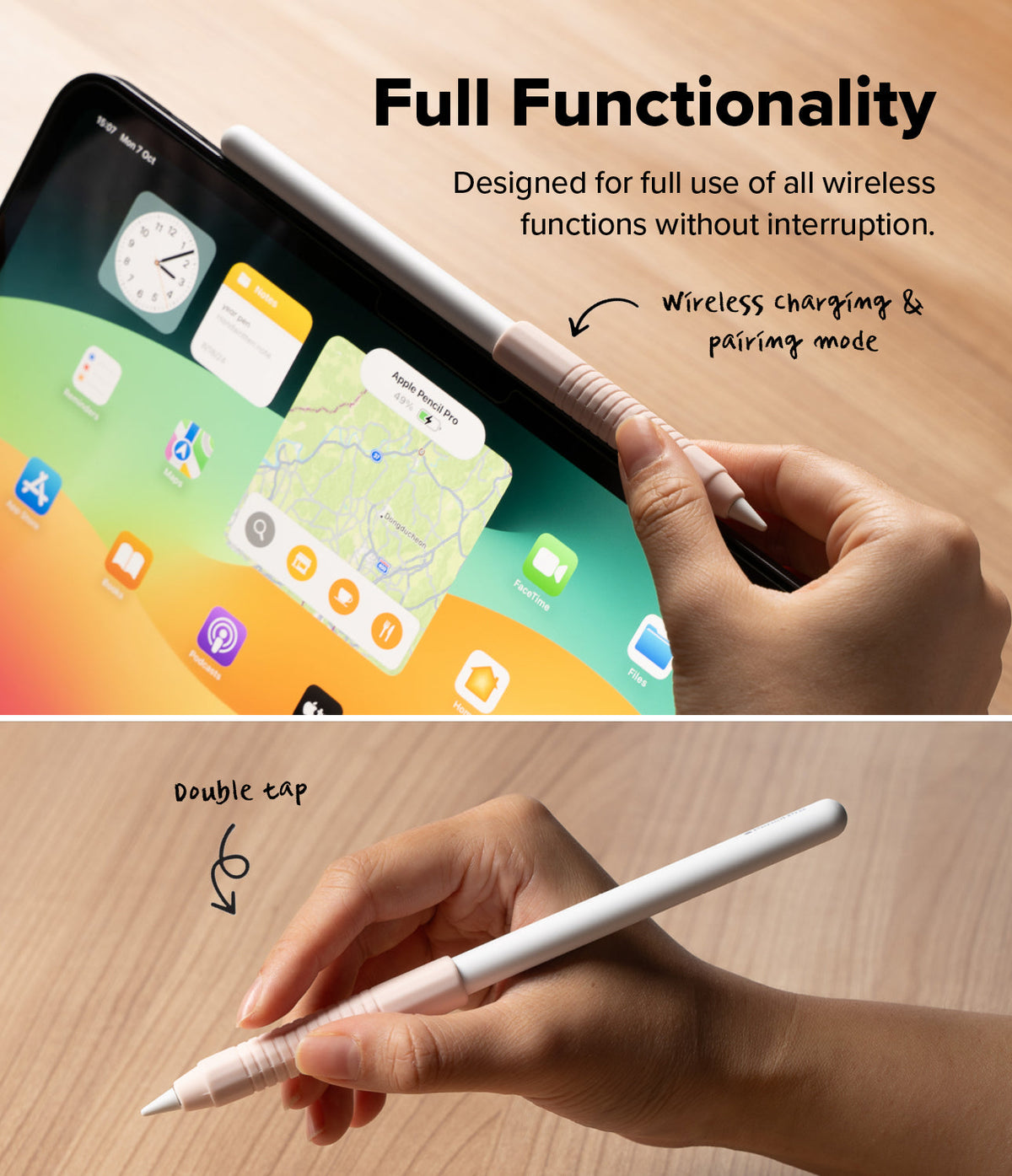 Apple Pencil Case | Silicone Drafting Grip Holder - Apple Pencil Case - Silicone grip on Apple Pencil showing wireless charging and double-tap functionality on an iPad.