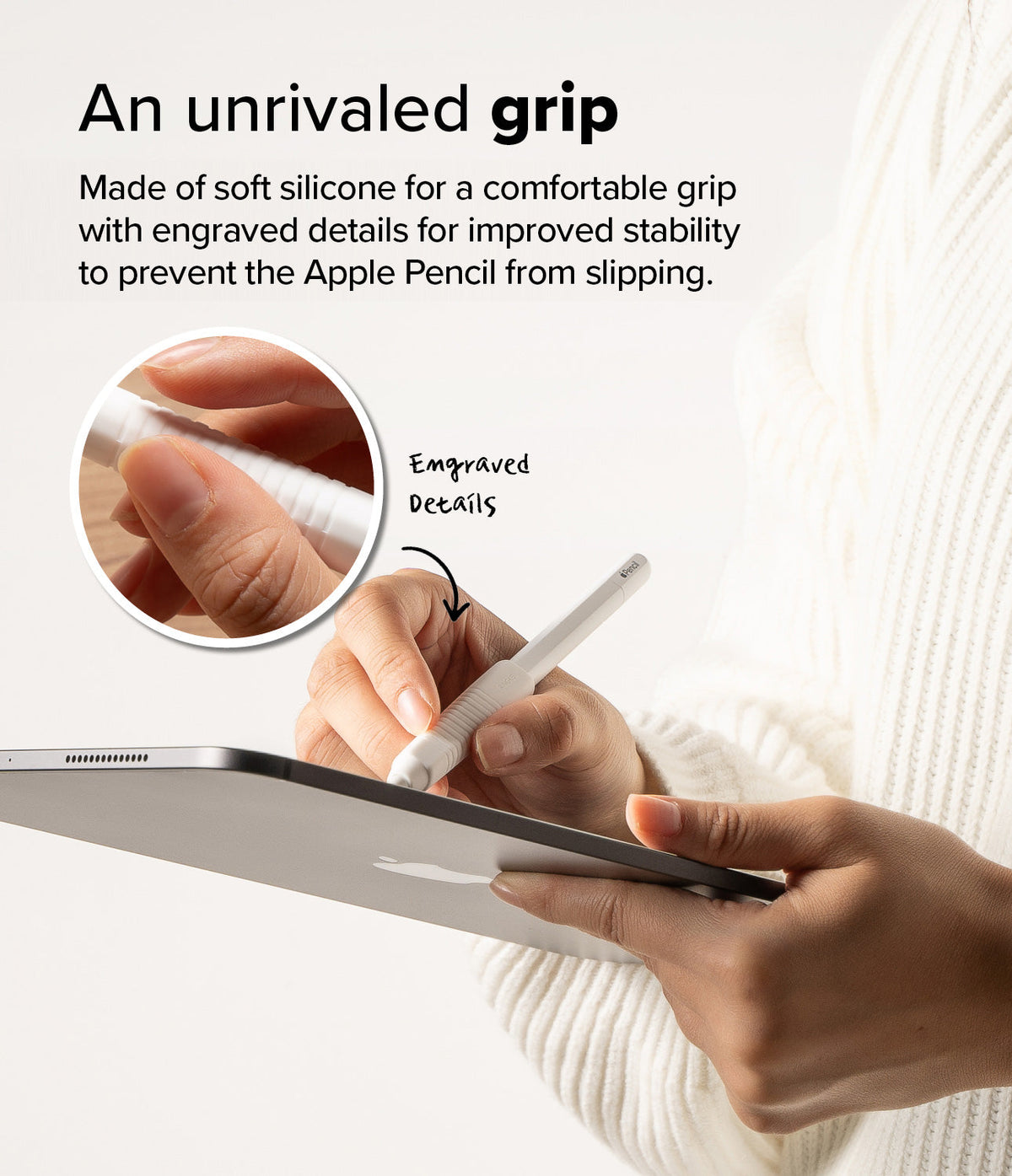 Apple Pencil Case | Silicone Drafting Grip Holder - Apple Pencil Case - Hand holding an Apple Pencil with a textured silicone grip while writing on a tablet.