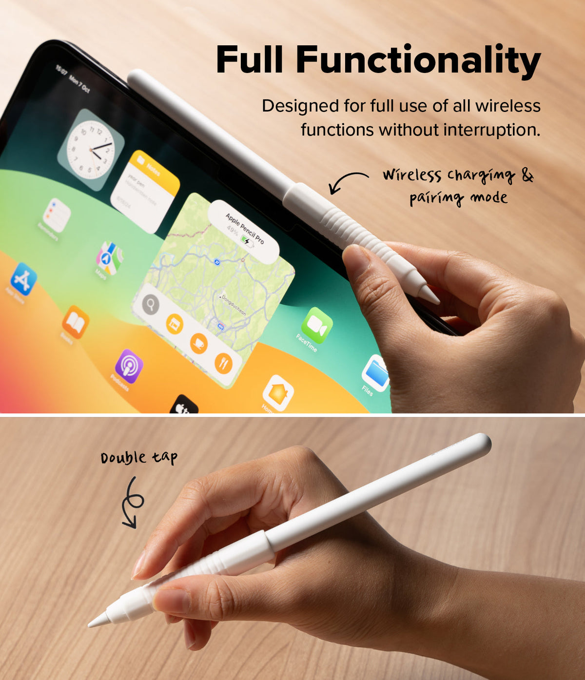 Apple Pencil Case | Silicone Drafting Grip Holder - Apple Pencil Case - Silicone grip on an Apple Pencil showing wireless charging and double-tap functionality on an iPad.