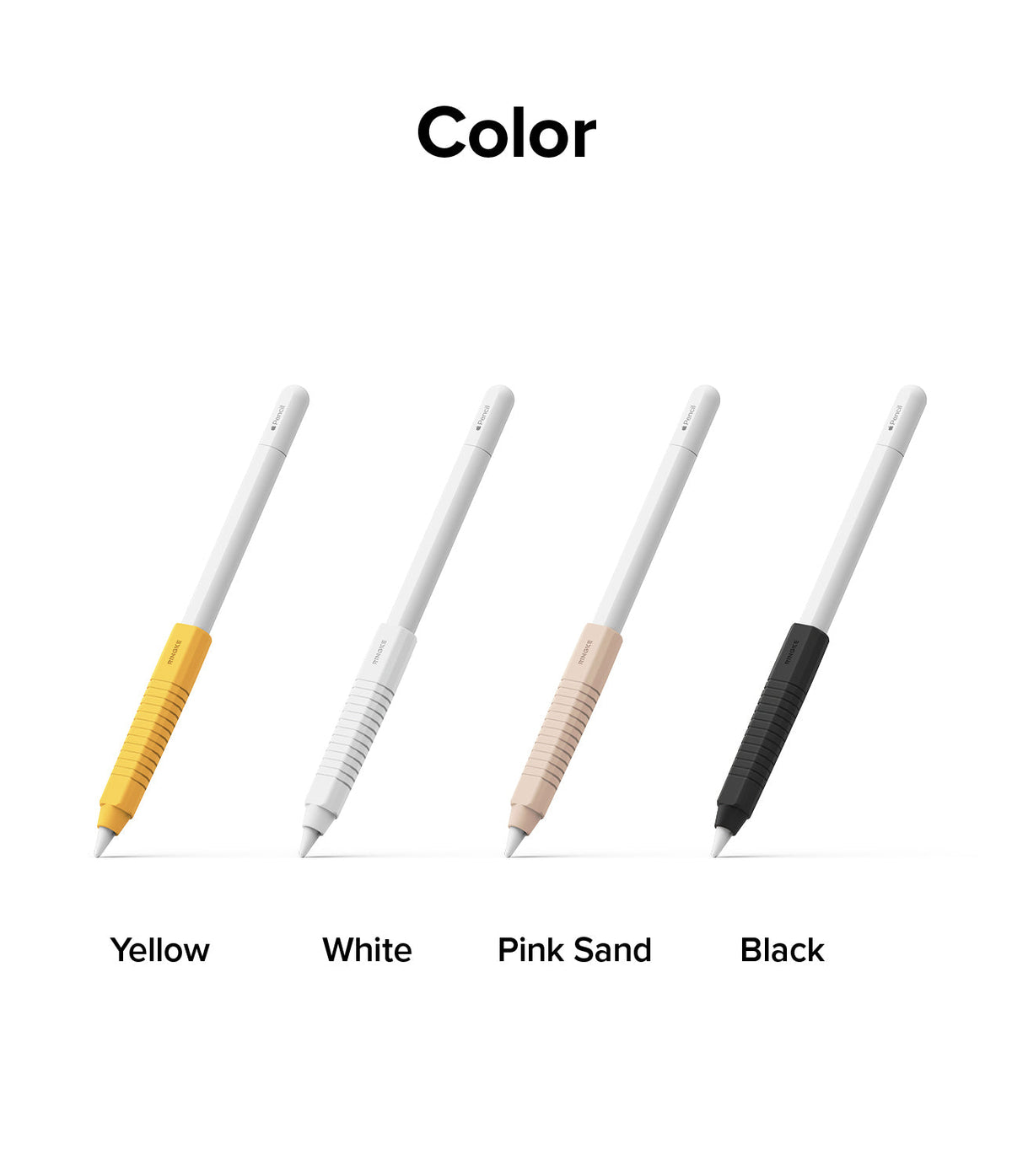 Apple Pencil Case | Silicone Drafting Grip Holder - Four Apple Pencils with yellow, white, pink, and black silicone grips.