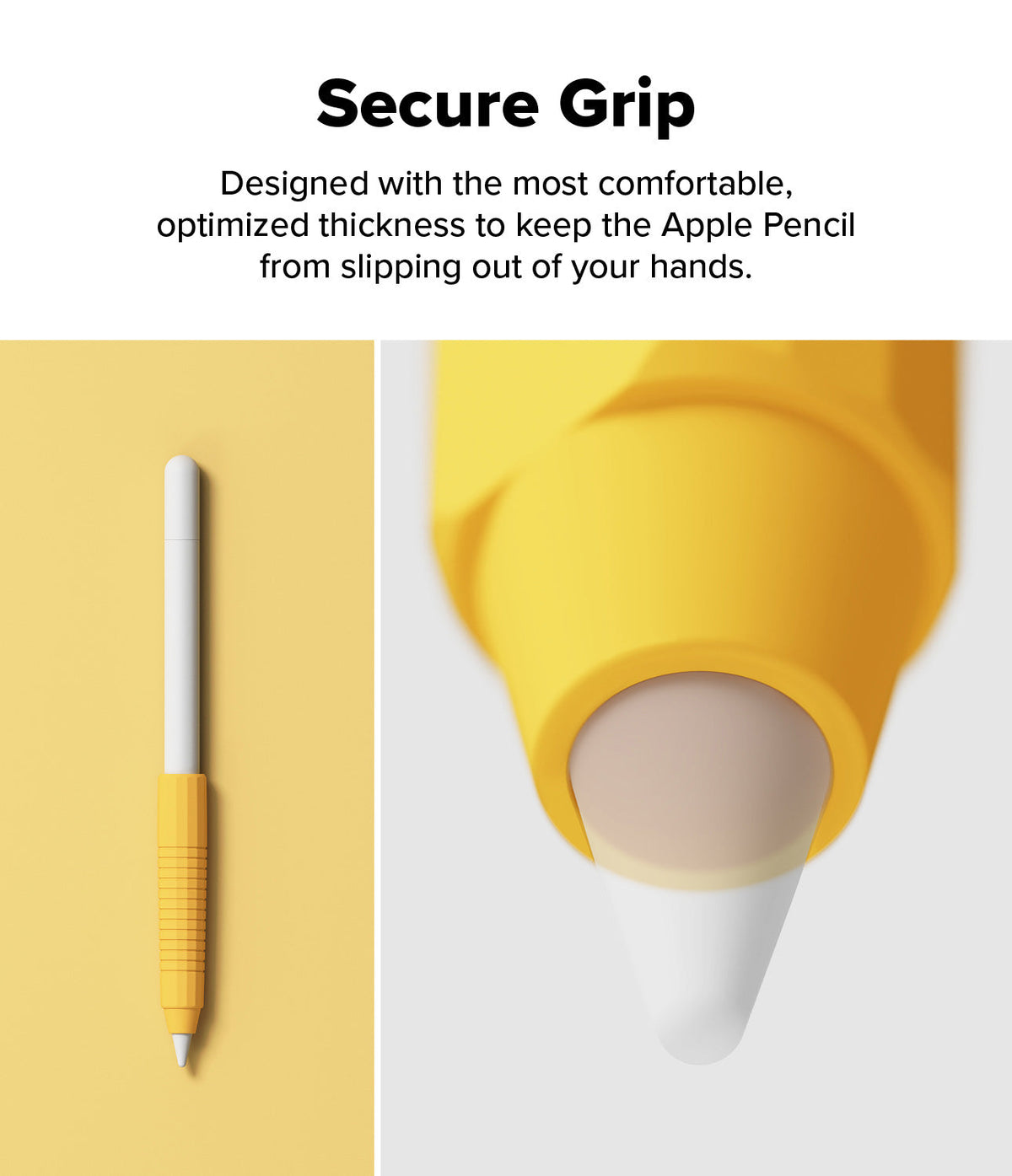 Apple Pencil Case | Silicone Drafting Grip Holder - Apple Pencil Case - Yellow silicone drafting grip on an Apple Pencil, shown full-length and in a close-up of the tip.