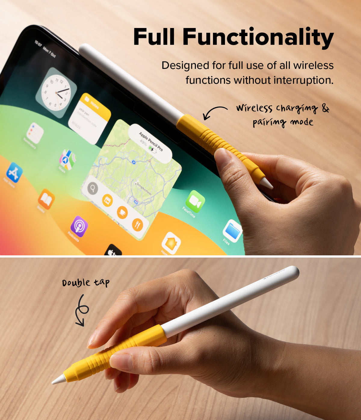 Apple Pencil Case | Silicone Drafting Grip Holder - Apple Pencil Case - Yellow silicone grip on an Apple Pencil showing wireless charging and double-tap functionality.