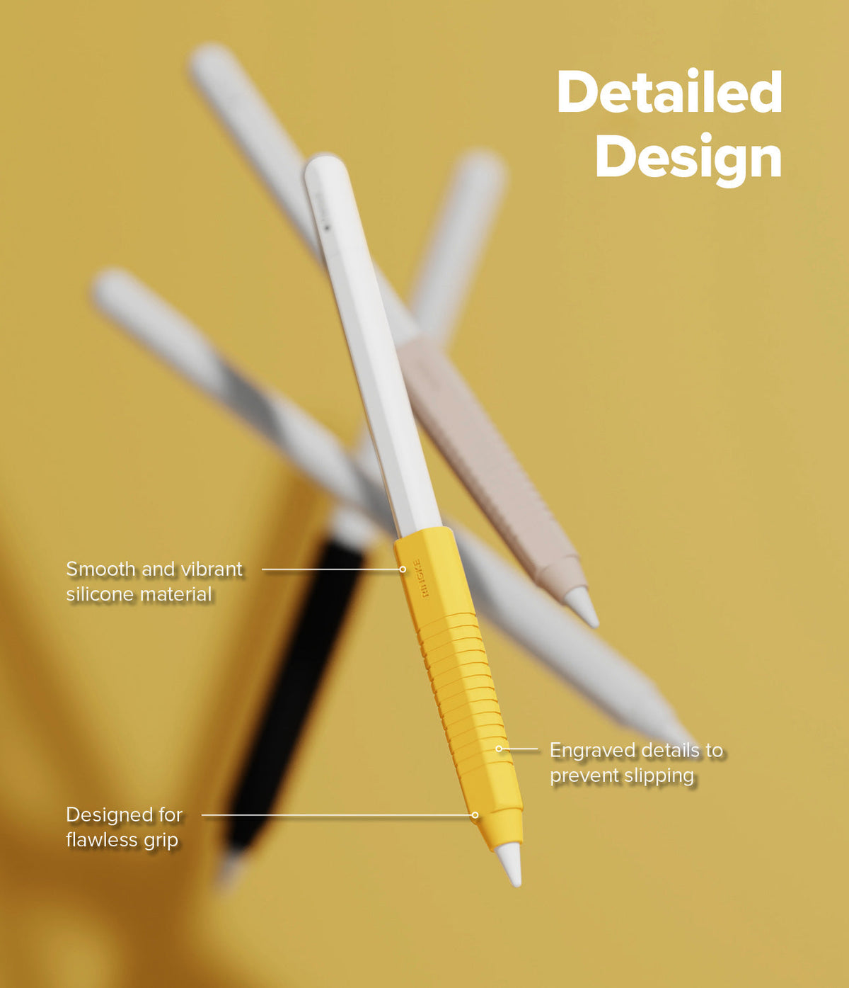 Apple Pencil Case | Silicone Drafting Grip Holder - Apple Pencil Case - Yellow silicone grip on an Apple Pencil with text callouts highlighting its texture and design.