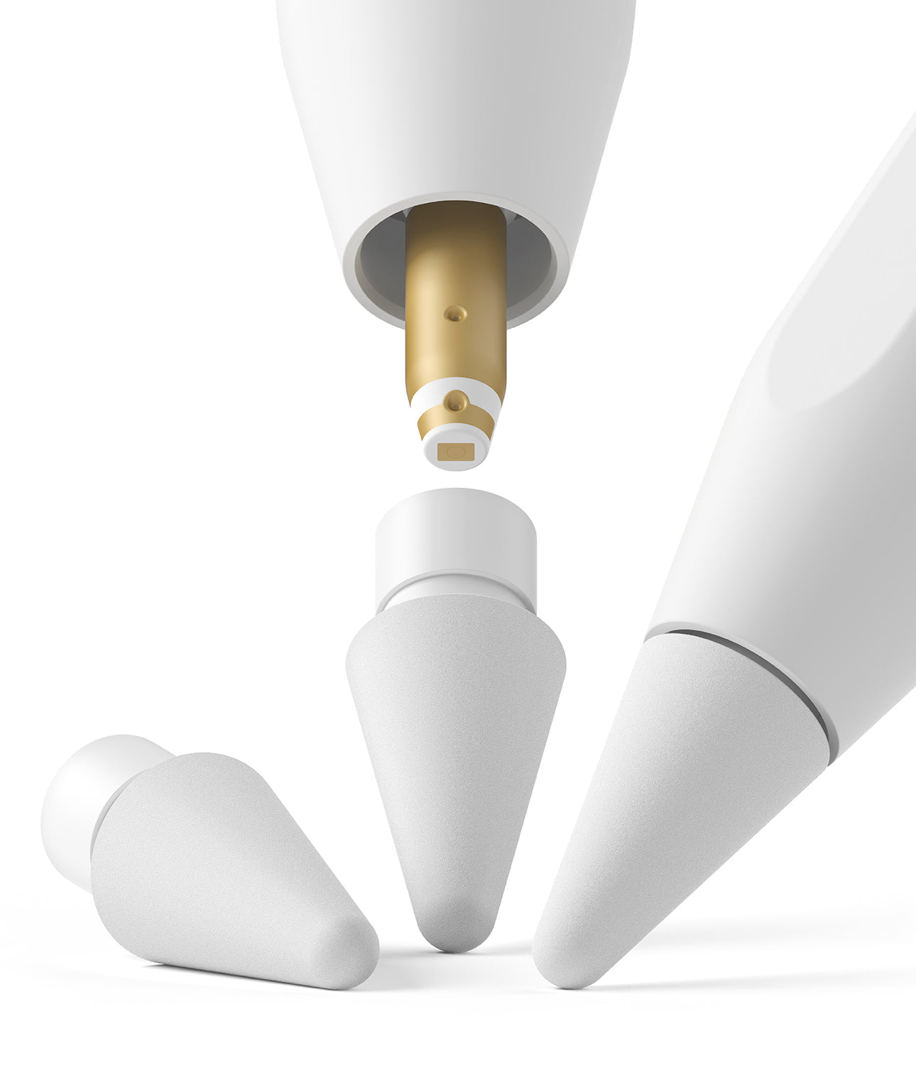 Apple Pencil | 2B Tip - Exploded view of a white Apple Pencil tip showing the gold connector and textured 2B replacement tips.