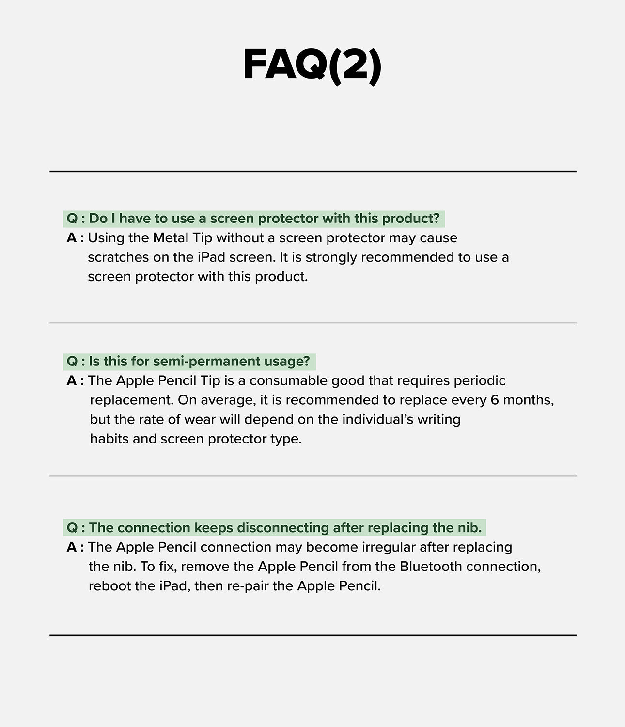 Apple Pencil | 2B Tip - FAQ list regarding screen protector usage, tip replacement frequency, and Bluetooth connectivity.