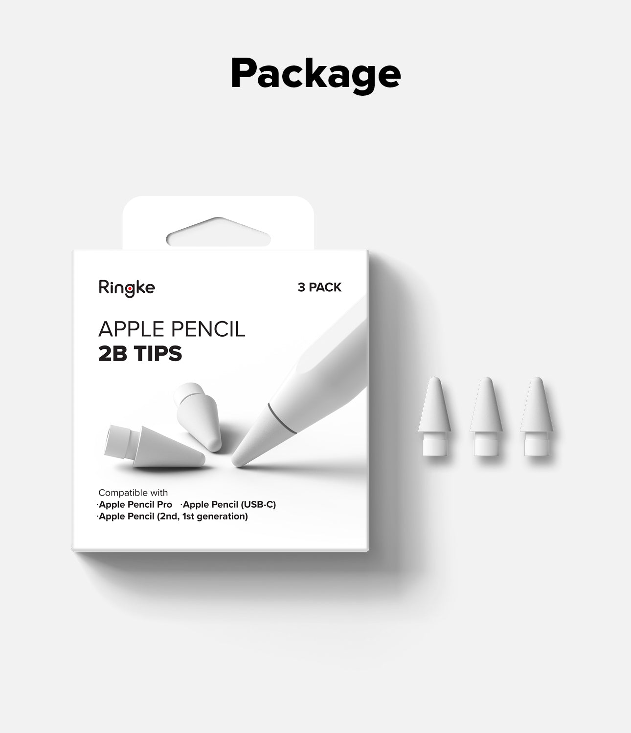 Apple Pencil | 2B Tip - Ringke 3-pack of white replacement tips for Apple Pencil in retail packaging with three loose tips.