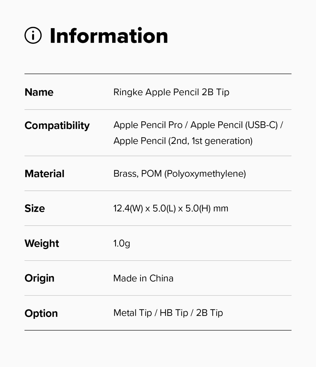 Apple Pencil | 2B Tip - Information table listing specifications for Ringke Apple Pencil 2B Tip including compatibility and size.