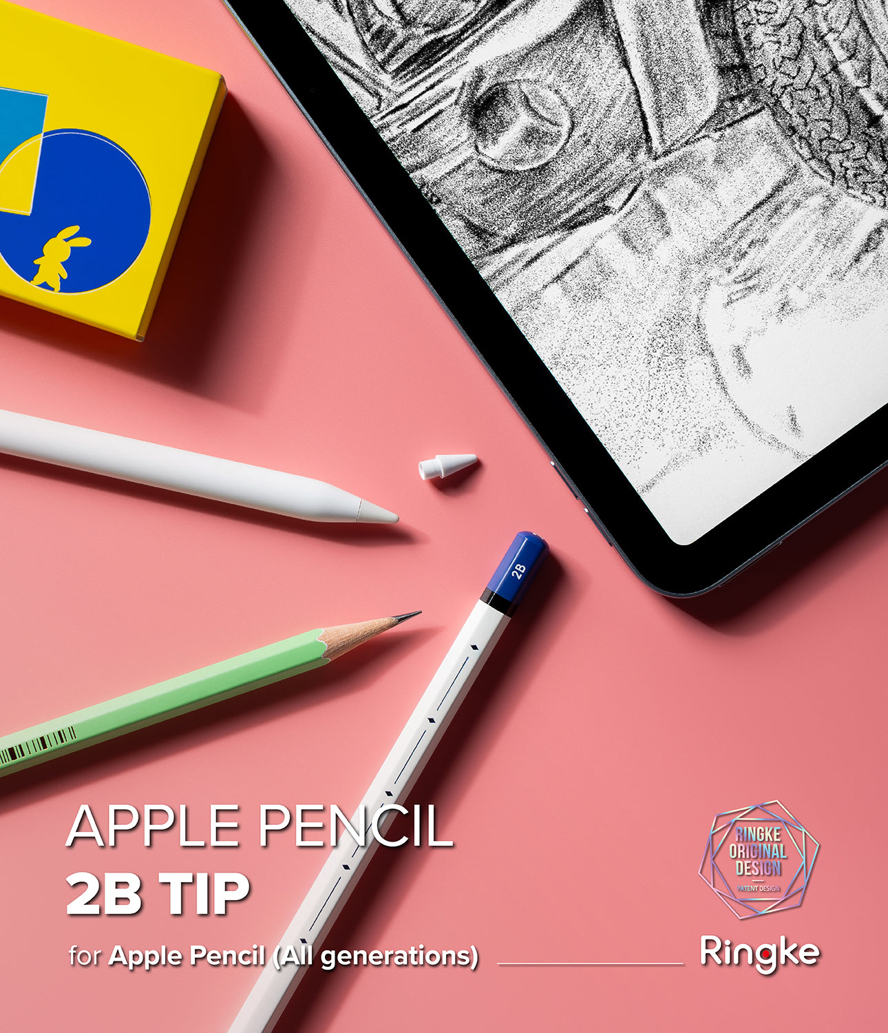 Apple Pencil | 2B Tip - Apple Pencil with 2B tip, tablet with sketch, and pencil on a pink background.