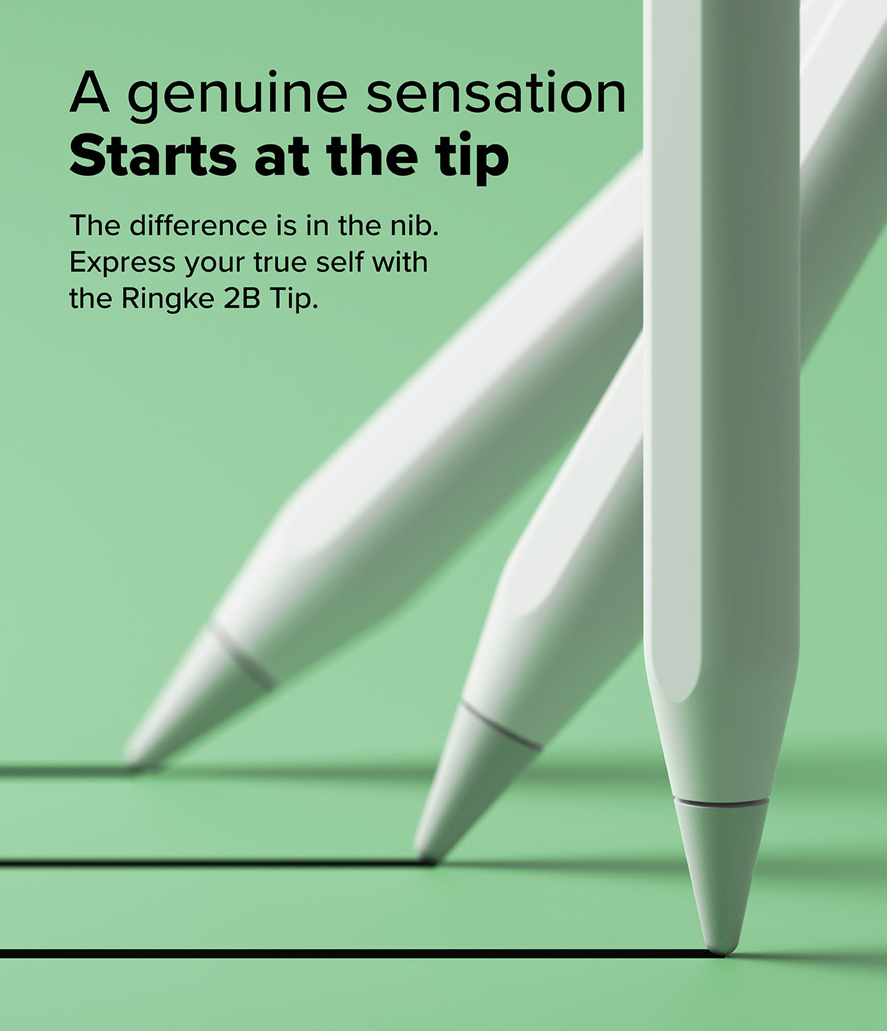 Apple Pencil | 2B Tip - Three Apple Pencils with 2B tips drawing parallel black lines on a light green background.