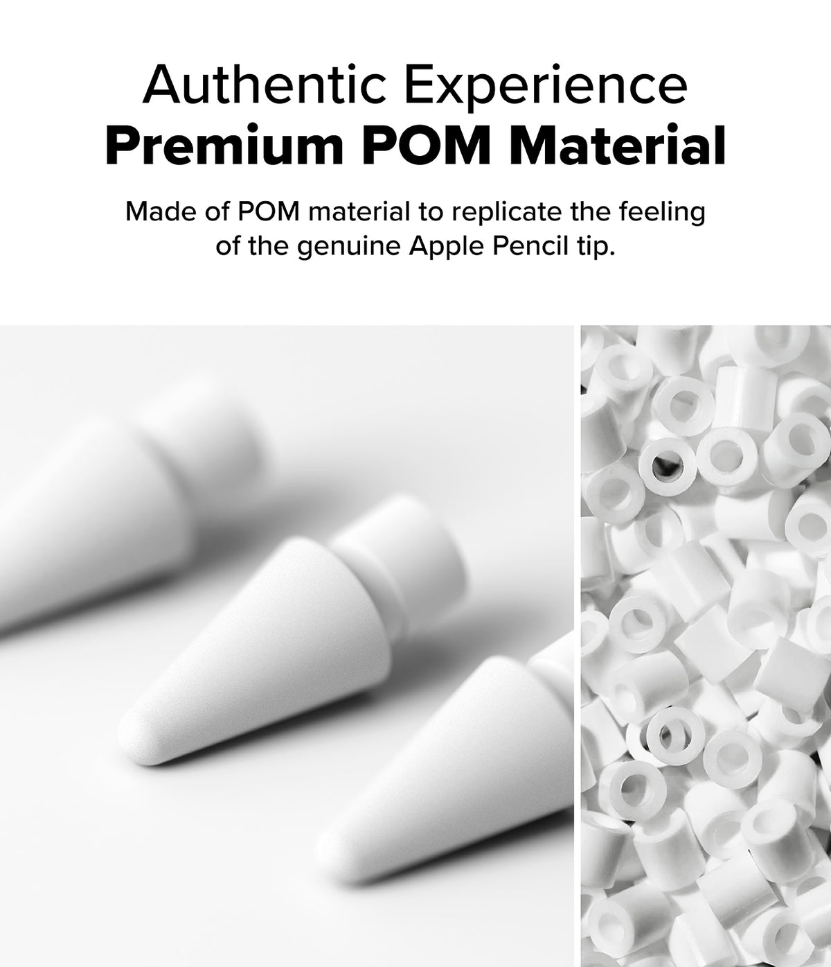 Apple Pencil | 2B Tip - White Apple Pencil tips made of POM material next to a pile of small white plastic components.