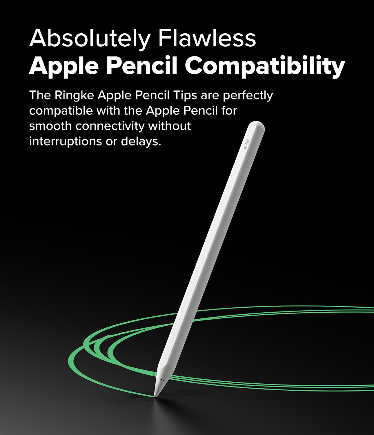 Apple Pencil | 2B Tip - White Apple Pencil drawing green loops on a black background with text about compatibility.