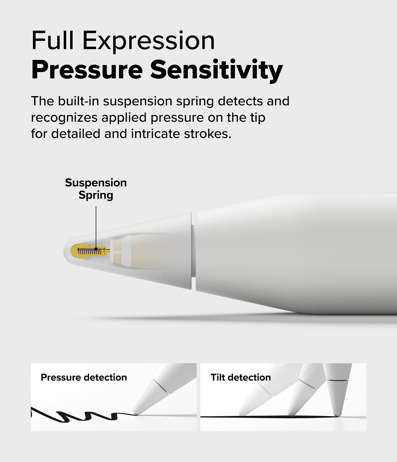 Apple Pencil | 2B Tip - Diagram showing internal suspension spring, pressure sensitivity, and tilt detection for drawing.
