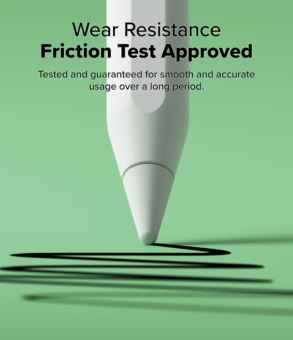 Apple Pencil | 2B Tip - Close-up of a white Apple Pencil tip drawing a black line on a green surface with text about wear resistance.