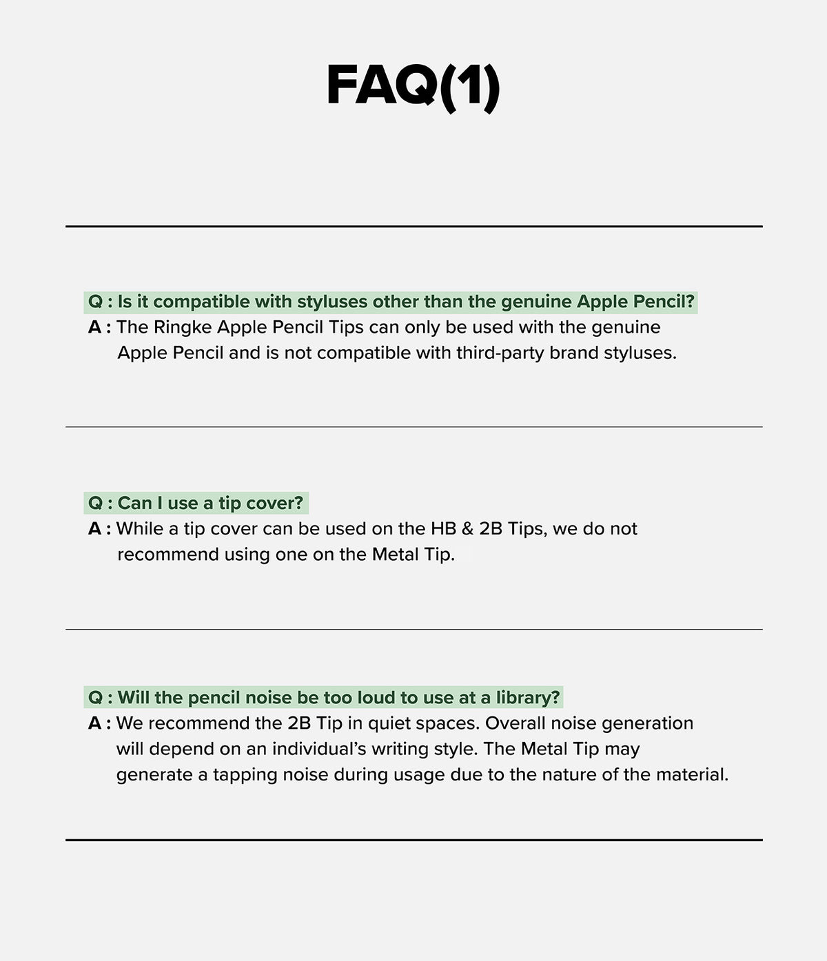 Apple Pencil | HB Tip - FAQ list regarding compatibility, tip covers, and noise levels for Ringke Apple Pencil tips.
