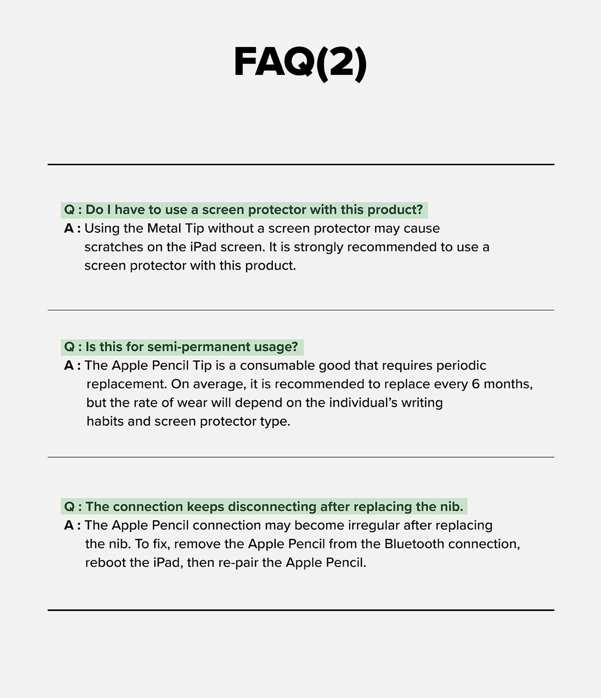 Apple Pencil | HB Tip - FAQ list regarding screen protector usage, tip replacement frequency, and Bluetooth connection troubleshooting.