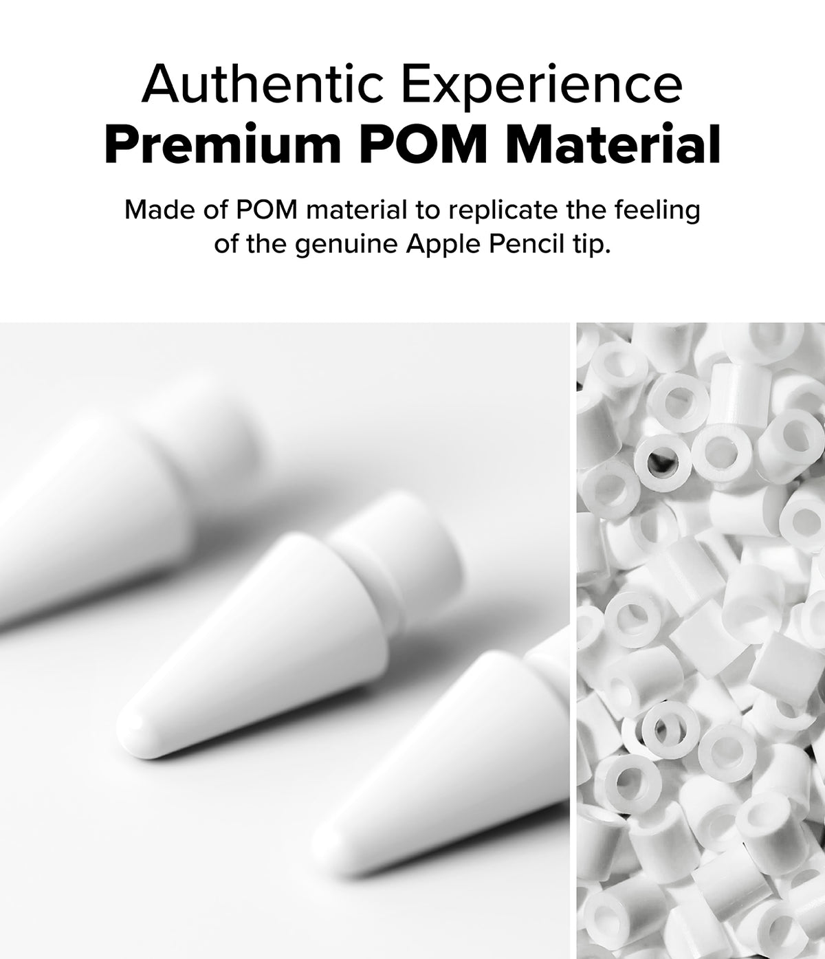 Apple Pencil | HB Tip - White Apple Pencil tips and a pile of small white POM material pellets on a white background.