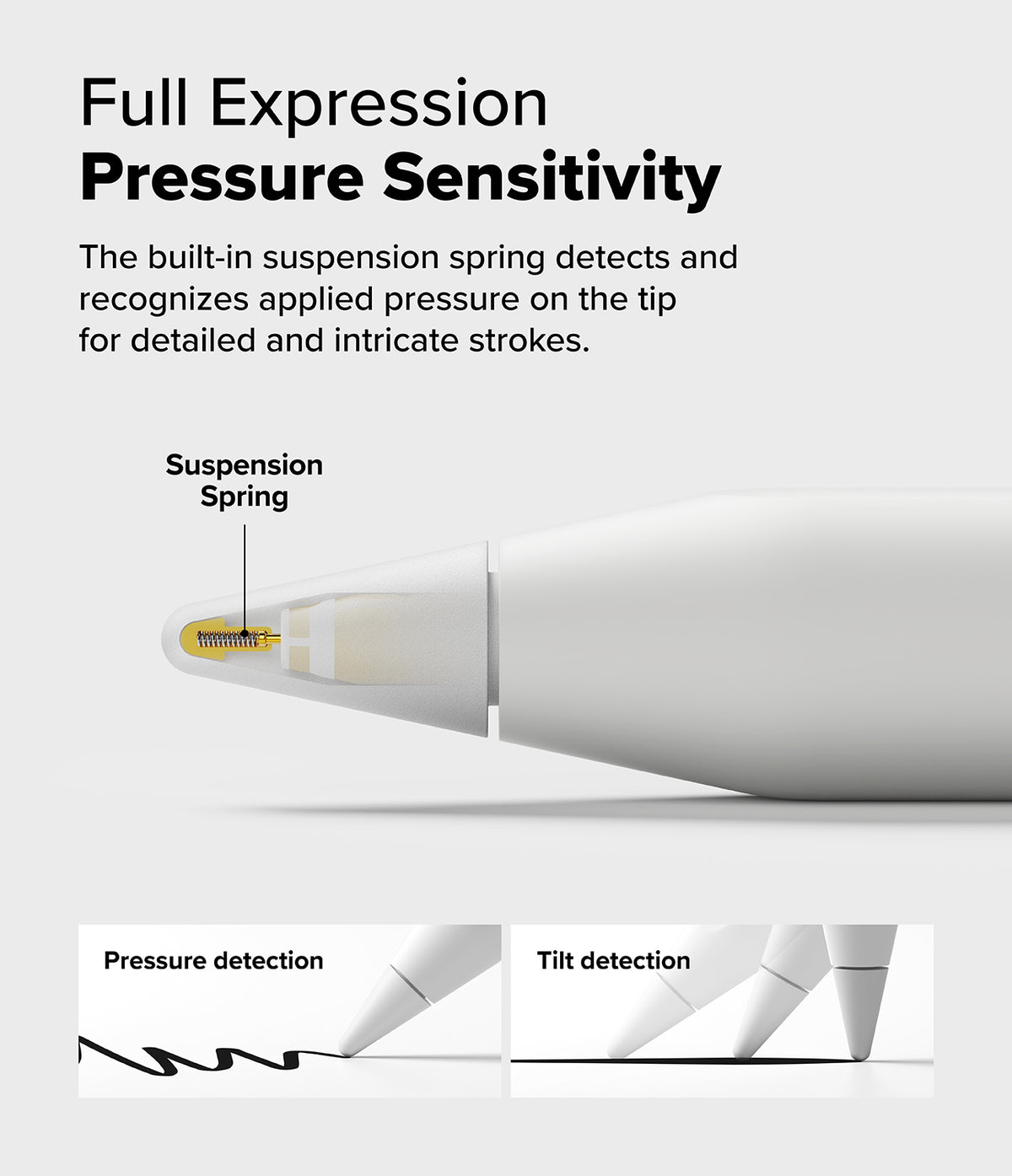 Apple Pencil | HB Tip - Cross-section of Apple Pencil tip showing internal suspension spring, pressure, and tilt detection.