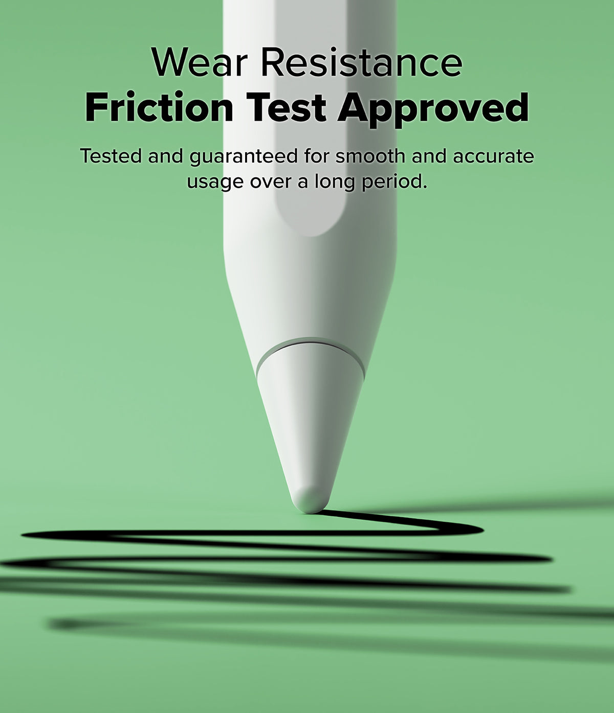 Apple Pencil | HB Tip - Close-up of a white stylus tip drawing a black line on a green background with text about wear resistance.
