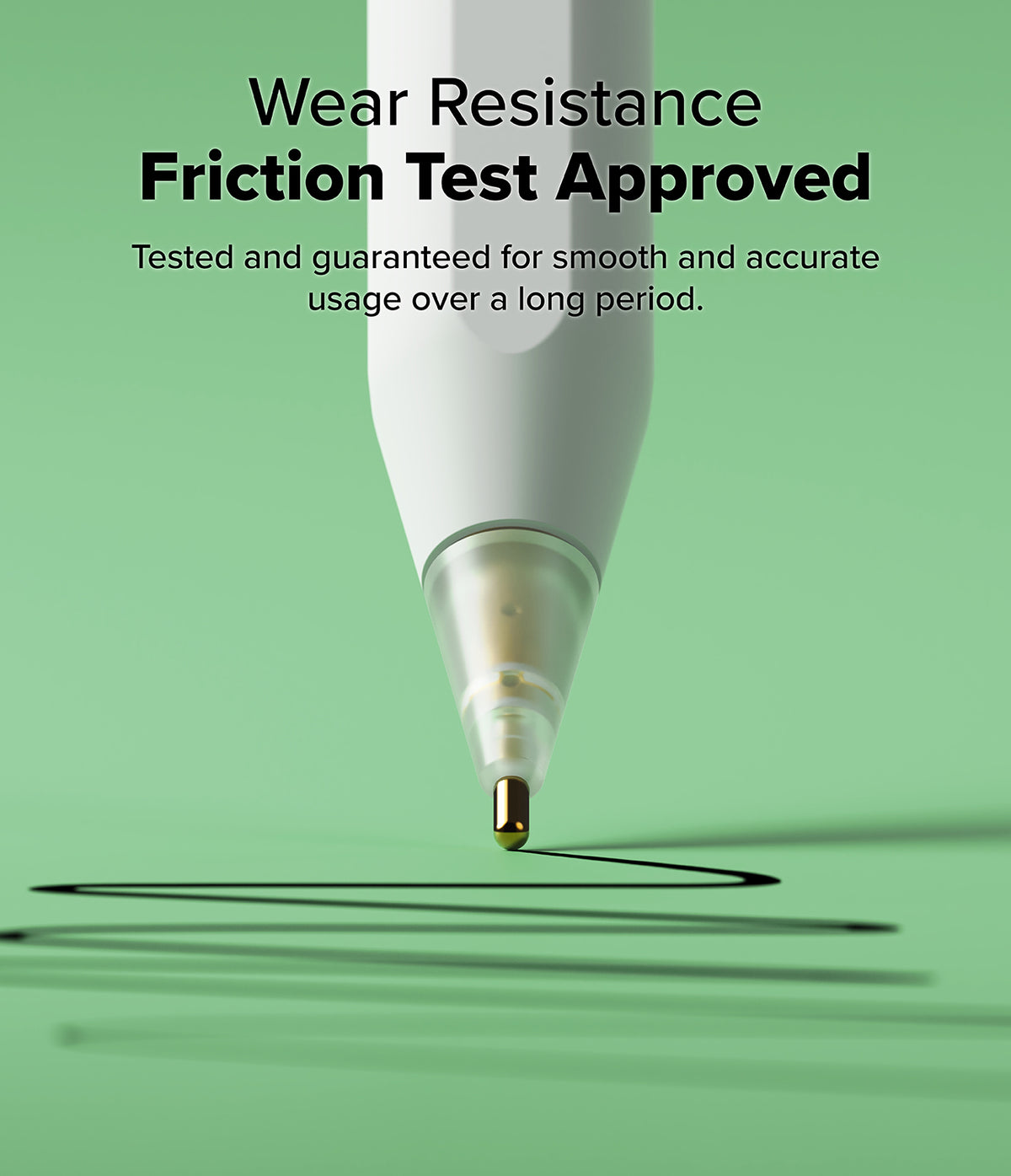 Apple Pencil | Metal Tip - Close-up of a stylus with a gold metal tip drawing a black line on a light green background.