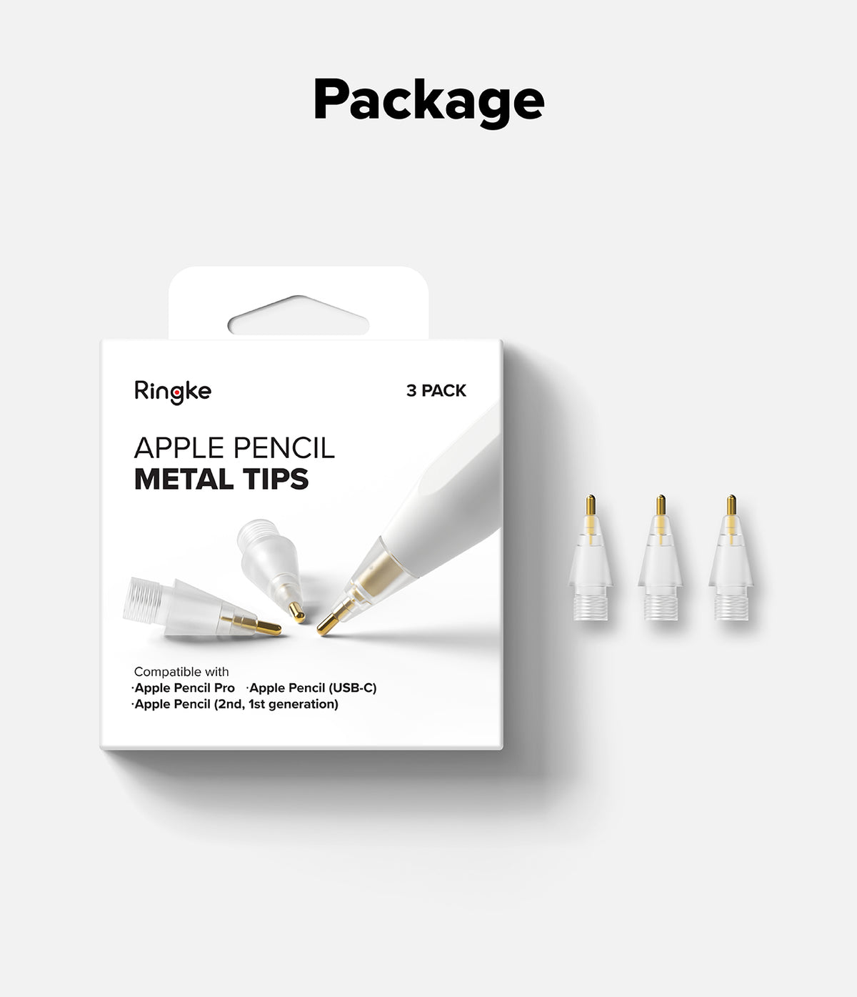 Apple Pencil | Metal Tip - Ringke 3-pack of metal replacement tips for Apple Pencil in white retail packaging.