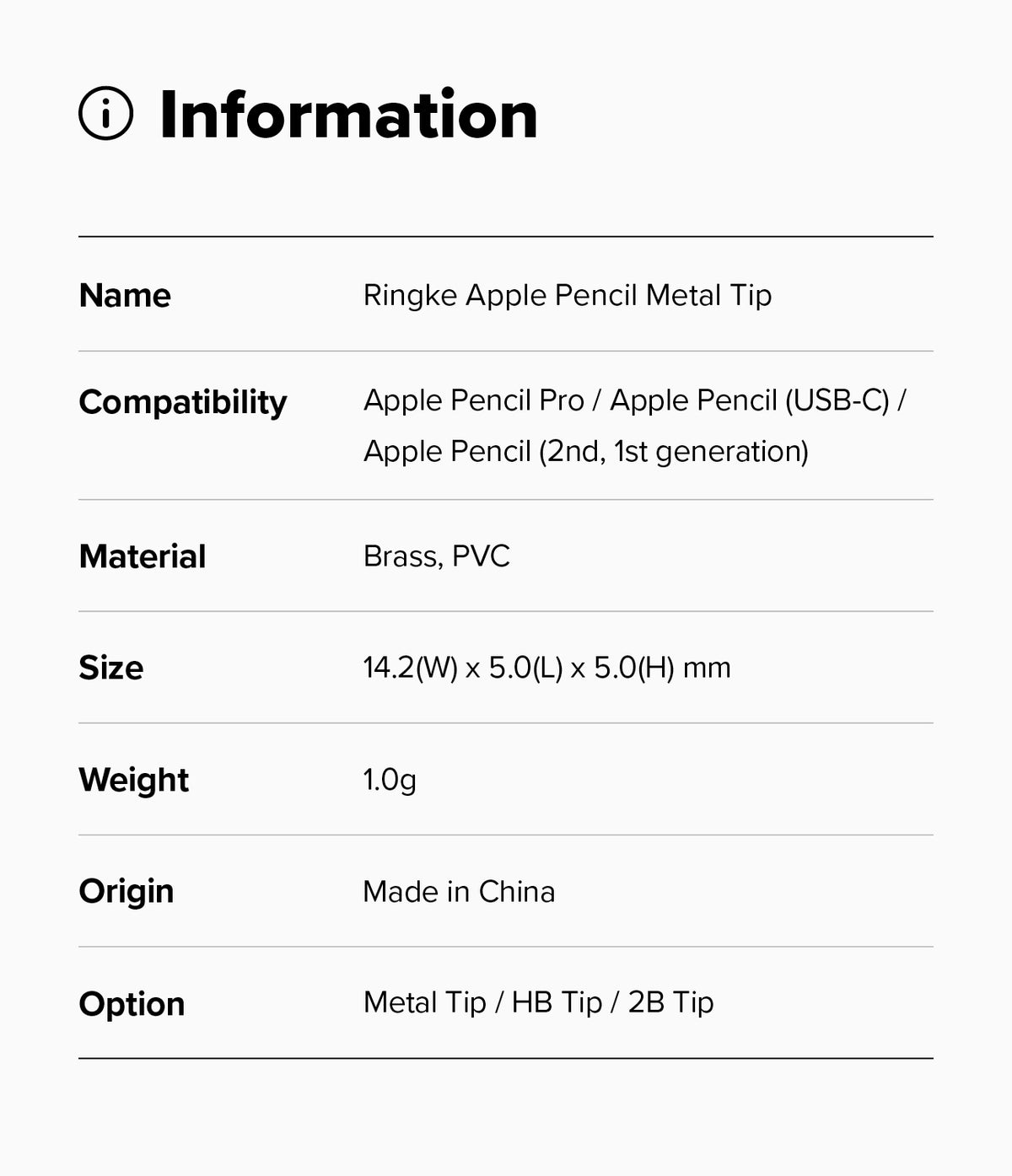 Apple Pencil | Metal Tip - Information table listing specifications for Ringke Apple Pencil Metal Tip including compatibility.