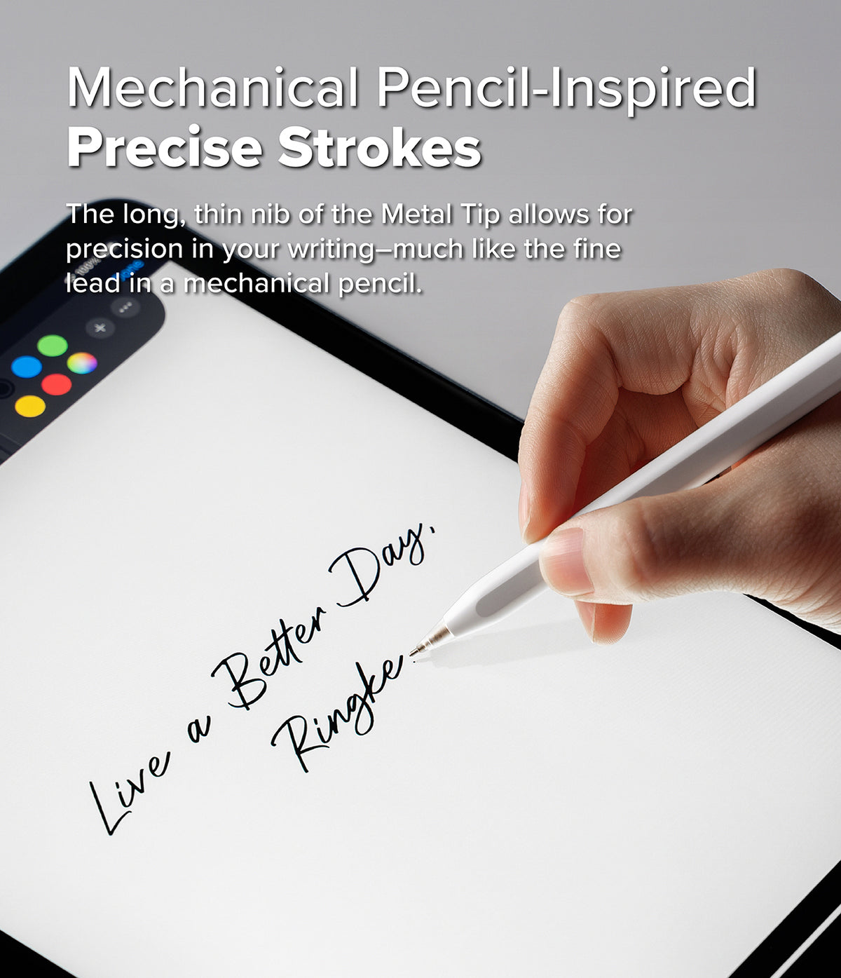 Apple Pencil | Metal Tip - Hand using an Apple Pencil with a thin metal tip to write on a tablet screen.