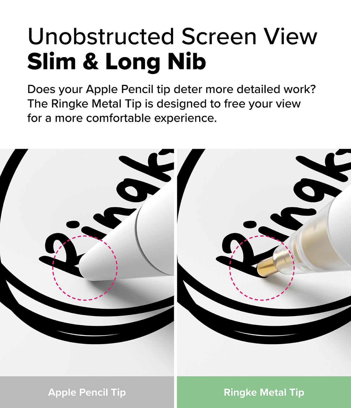 Apple Pencil | Metal Tip - Comparison showing a standard white tip obscuring text versus a slim metal tip providing clear visibility.