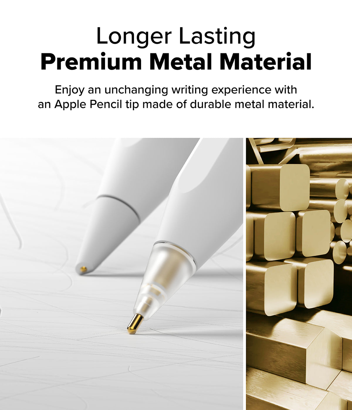 Apple Pencil | Metal Tip - Two white Apple Pencils with gold metal tips resting on a surface next to a stack of gold metal bars.