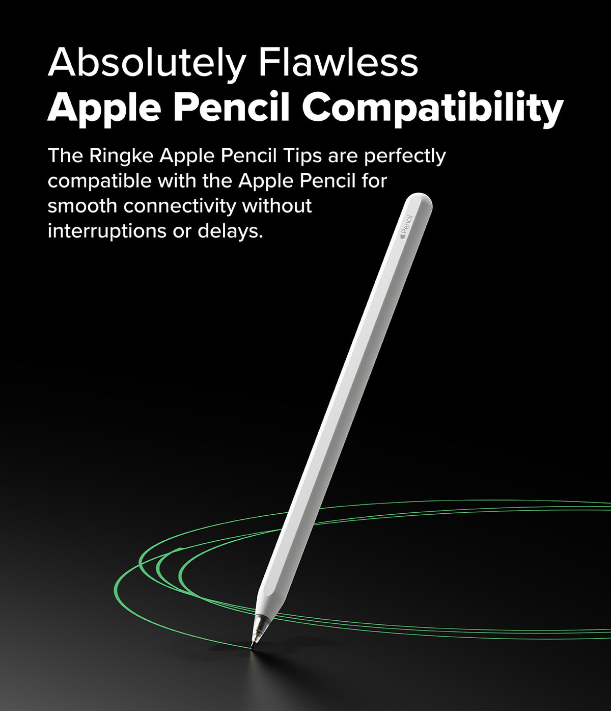 Apple Pencil | Metal Tip - White Apple Pencil with a metal tip drawing green lines on a black background.