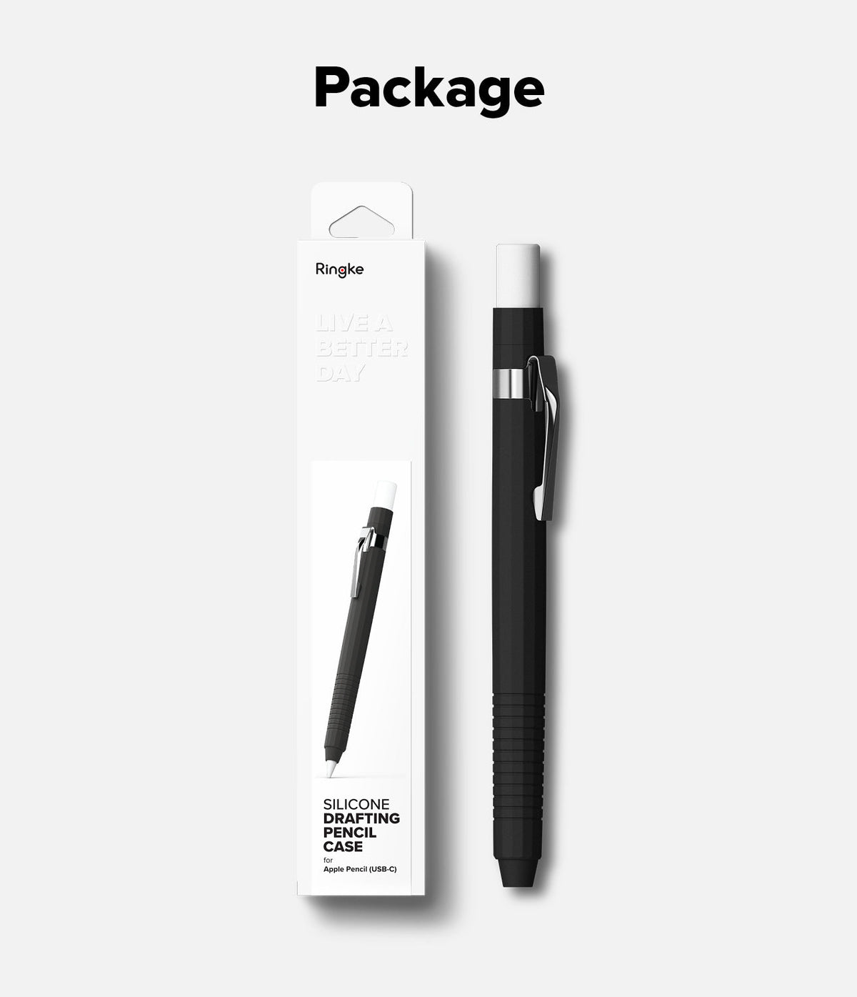Apple Pencil USB-C Case | Silicone Drafting Pencil Case - Apple Pencil USB-C Case - A black silicone drafting-style case for Apple Pencil next to its white retail packaging.