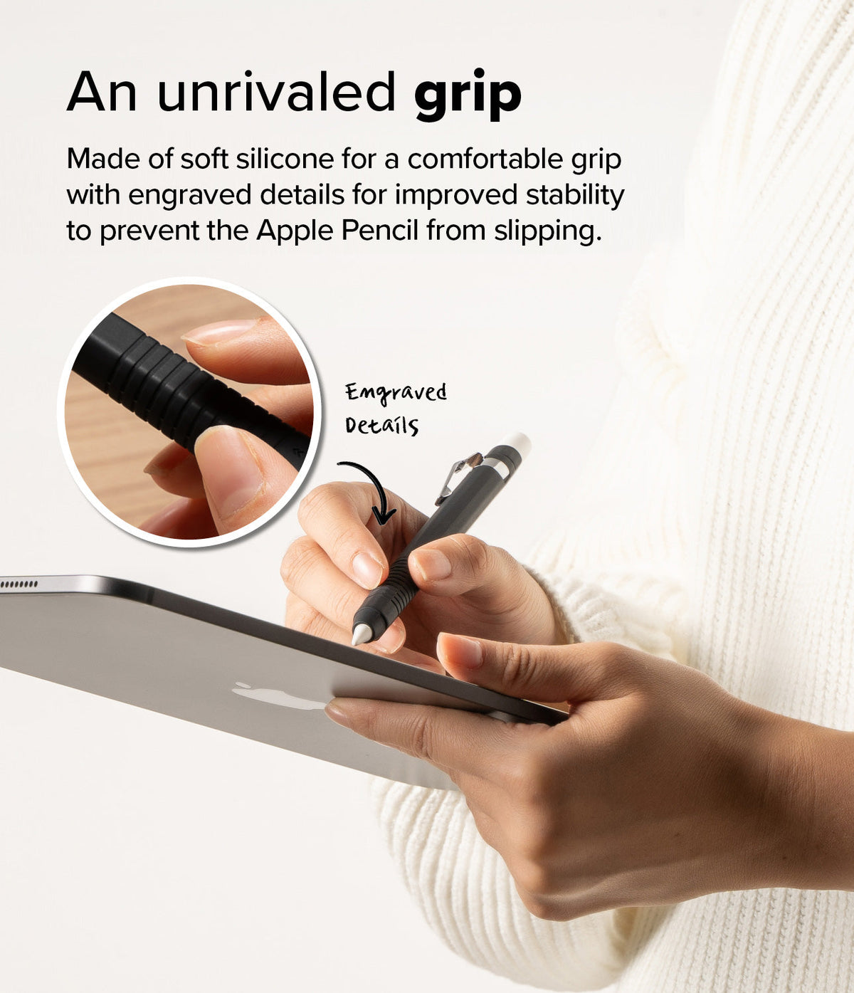 Apple Pencil USB-C Case | Silicone Drafting Pencil Case - Apple Pencil USB-C Case - Hand holding a black silicone-sleeved Apple Pencil with engraved grip details against a tablet.