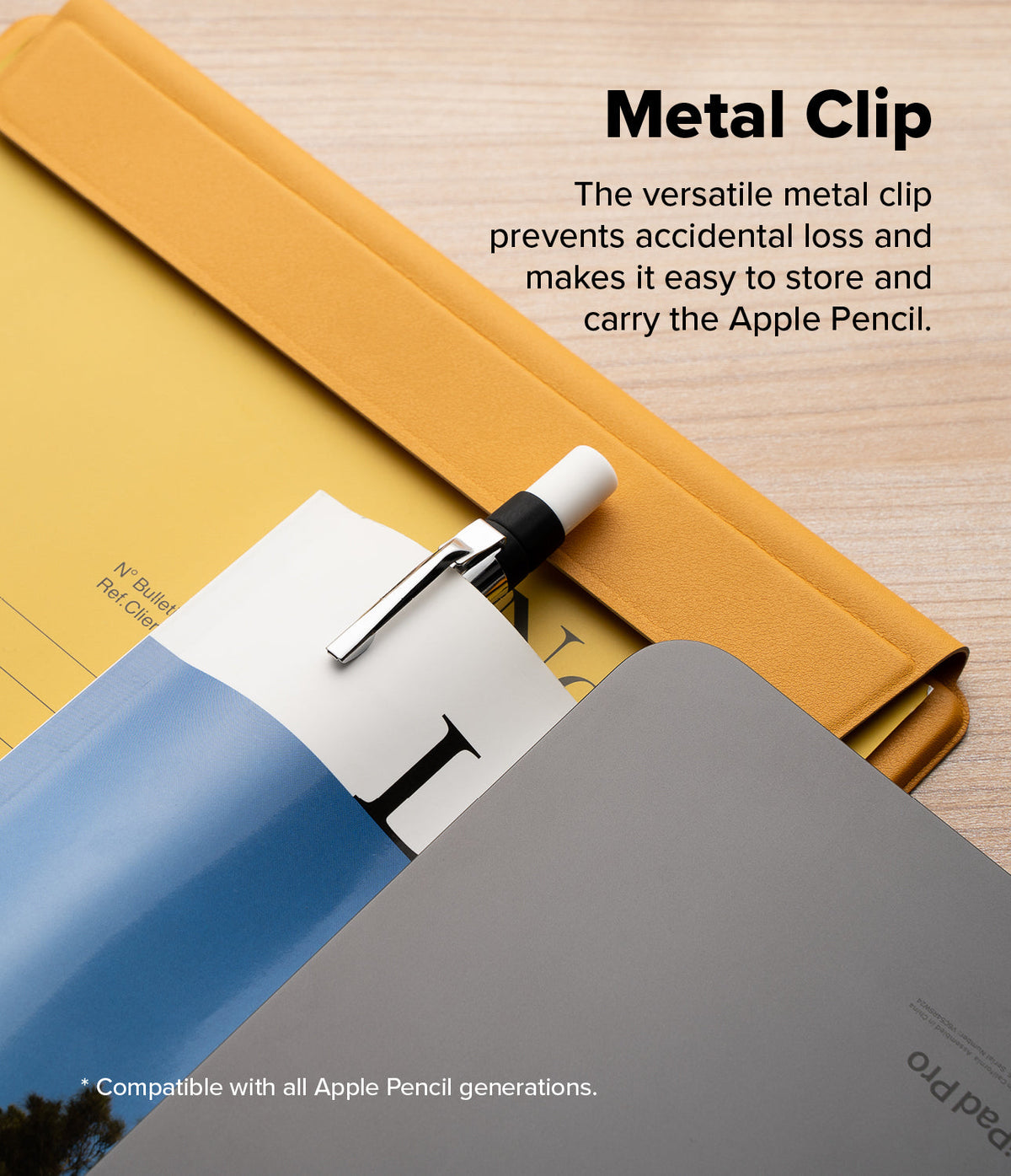 Apple Pencil USB-C Case | Silicone Drafting Pencil Case - Apple Pencil USB-C Case - A black silicone Apple Pencil case with a metal clip attached to a notebook and tablet cover.