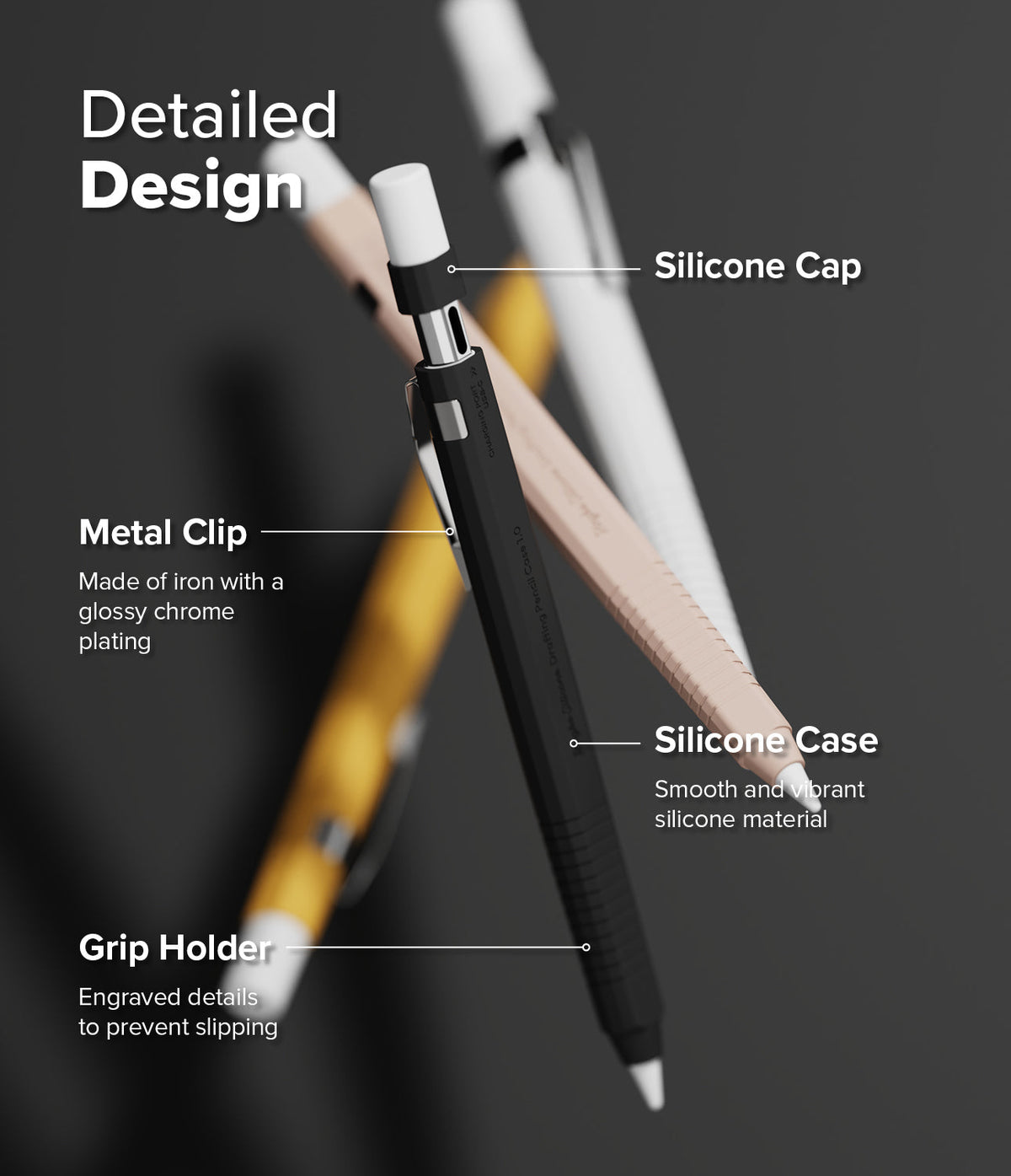 Apple Pencil USB-C Case | Silicone Drafting Pencil Case - Apple Pencil USB-C Case - Diagram highlighting silicone cap, metal clip, silicone body, and textured grip of a pencil case.
